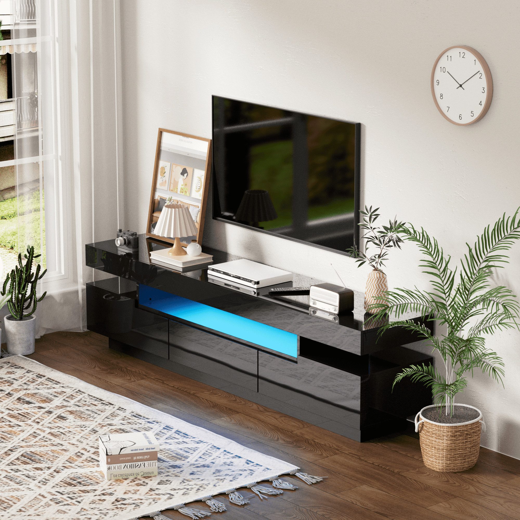 BlingBin TV-Schrank lowboard (1-St., Fernsehschrank mit farbwechselnder LED-Lichtleiste) TV Tisch, Mit großen Schublade und zwei Türen