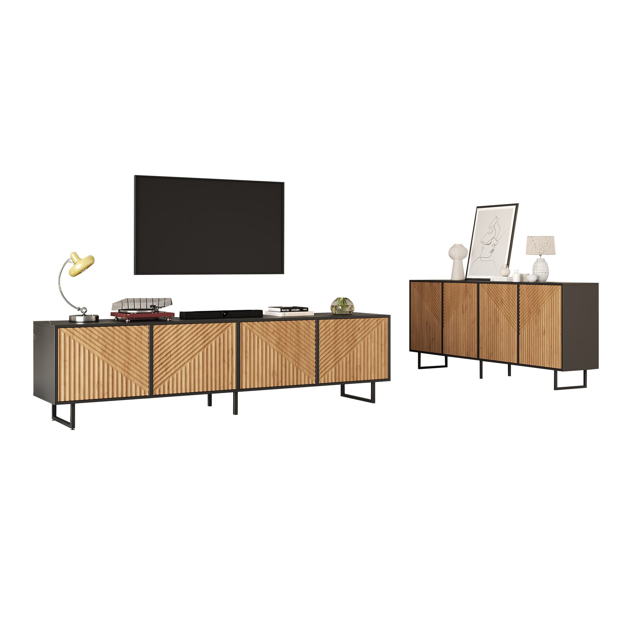 Merax Wohnzimmer-Set mit in Holzoptik Natur & Schwarz, (2-St), Wohnzimmerset Wohnzimmer Möbel Set mit TV Lowboard und Sideboard