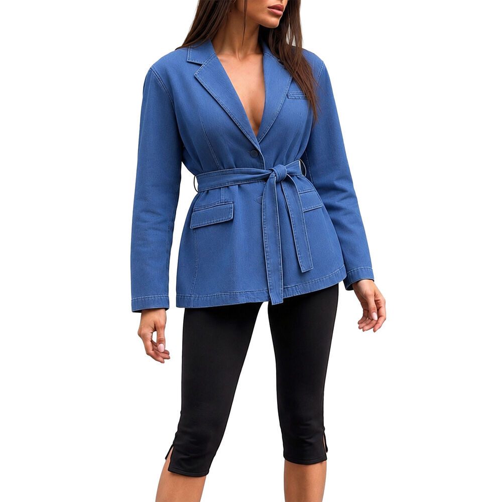 Ital-Design Jeansjacke Damen Blazer mit Gürtel und Reverskragen (91978439) Used-Look Jeansjacke in Blau