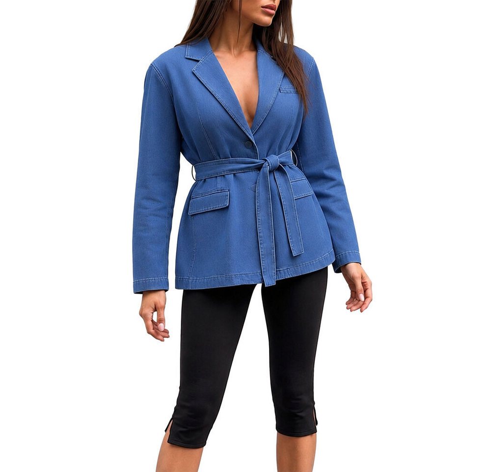 Ital-Design Jeansjacke Damen Blazer mit Gürtel und Reverskragen (91978437) Used-Look Jeansjacke in Blau