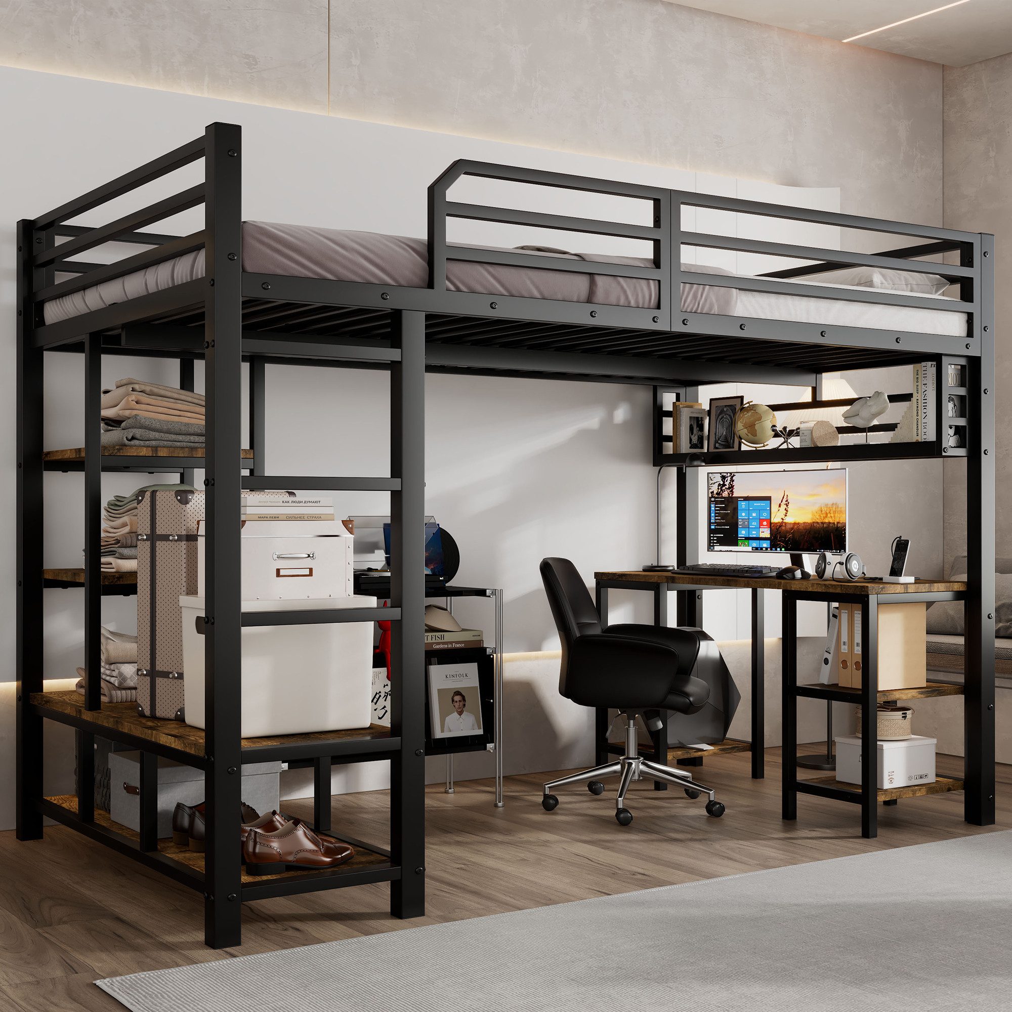 Merax Hochbett (1-St., Jugendbett Etagenbett Einzelbett) Metallbett Kinderbett 120x200cm mit Schreibtisch Ablagefläche & Leiter