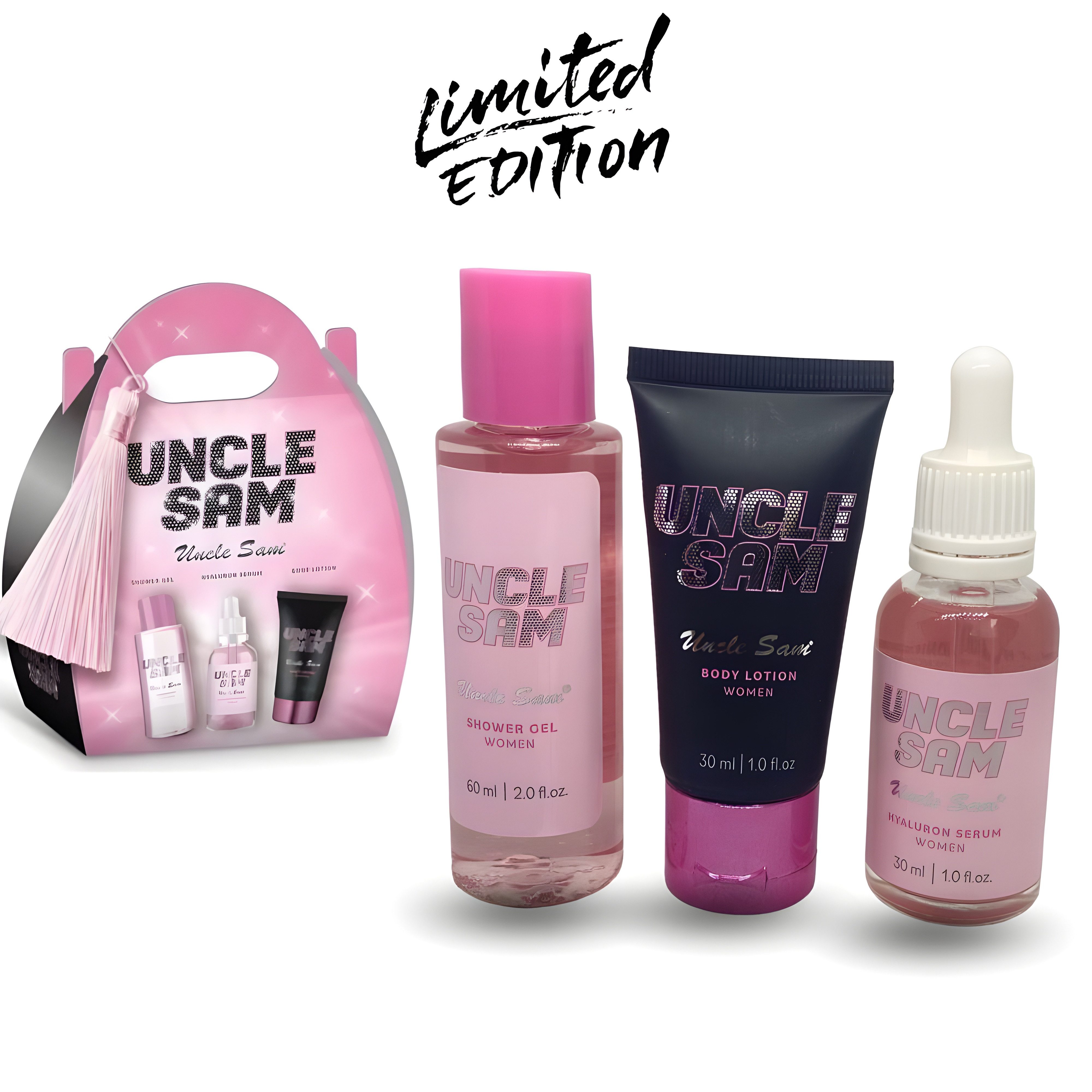 Uncle Sam Pflege-Set mit Shower Gel, Hyaluron-Serum und Body Lotion, Ideal zum Verscchenken/Reisen