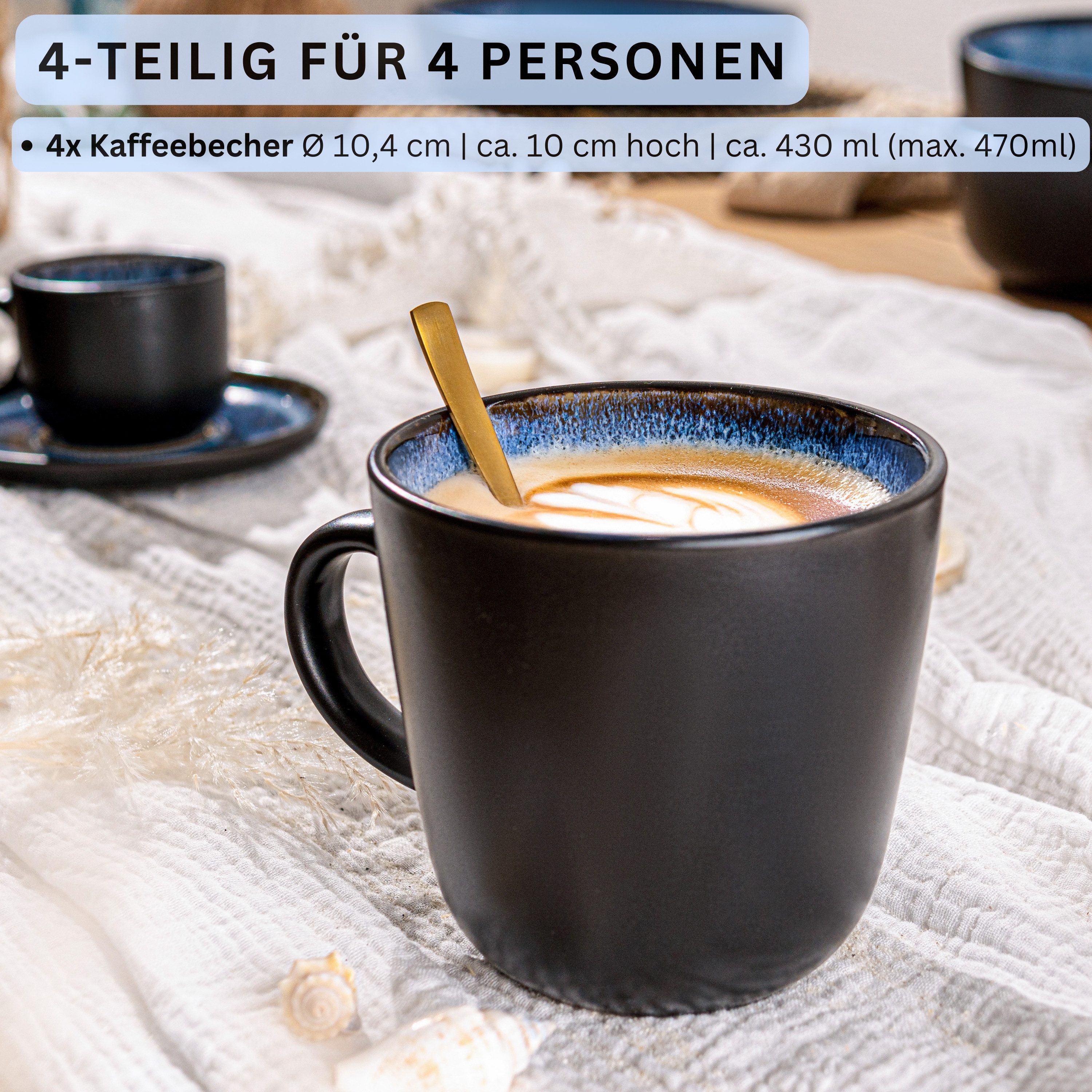 SÄNGER Becher Aruba, Blau Schwarz, 6-tlg., Steingut, 6 tlg. Kaffeebecher Set, Erweiterbar, 430 ml, VALUE COLLECTION