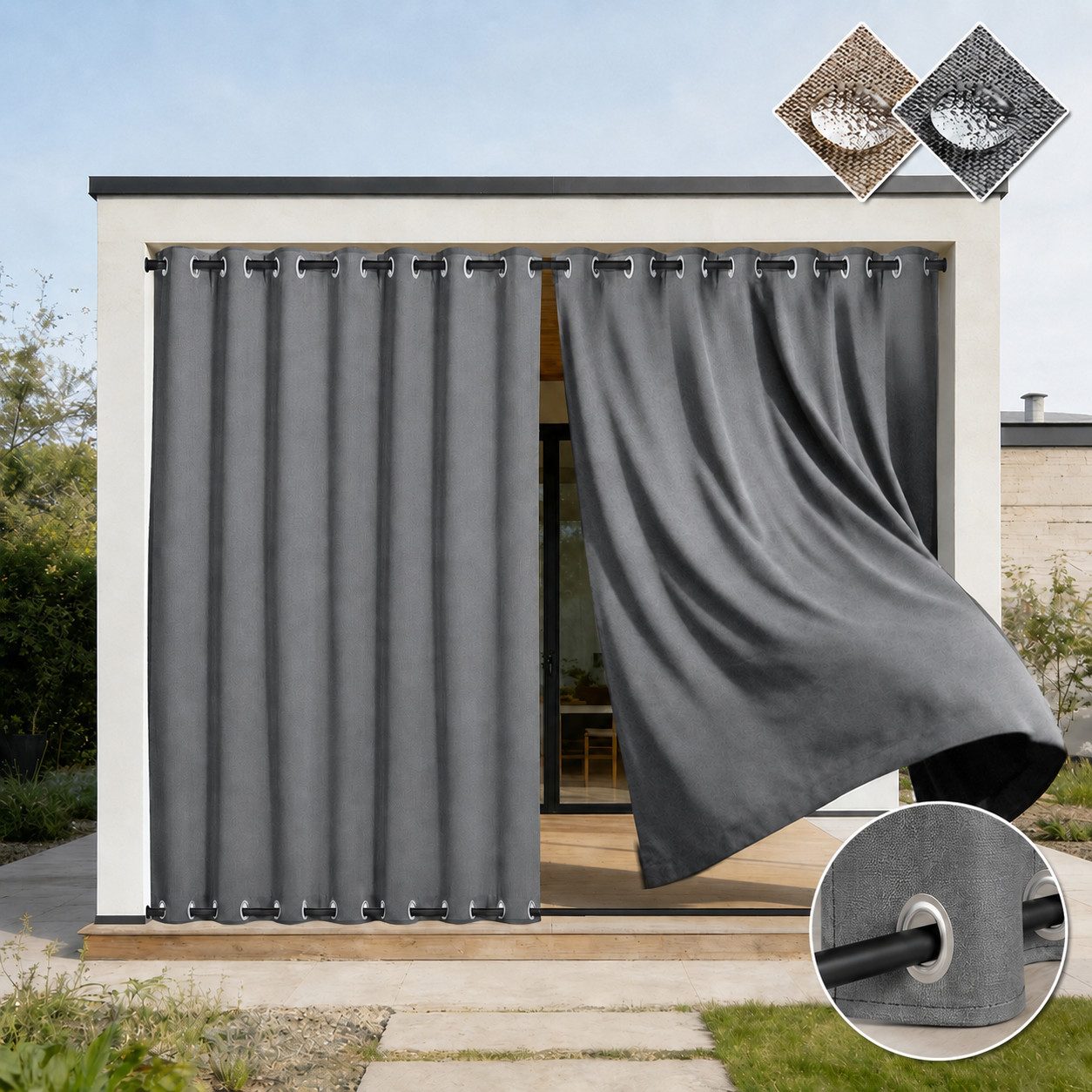 Rosnek Outdoorvorhang 100% Blickdicht & Wasserdicht - Verdunklungsvorhang mit Ösen, Sonnenschutz Sichtschutz für Balkon Terrasse, Leinenoptik Taupe/Grau