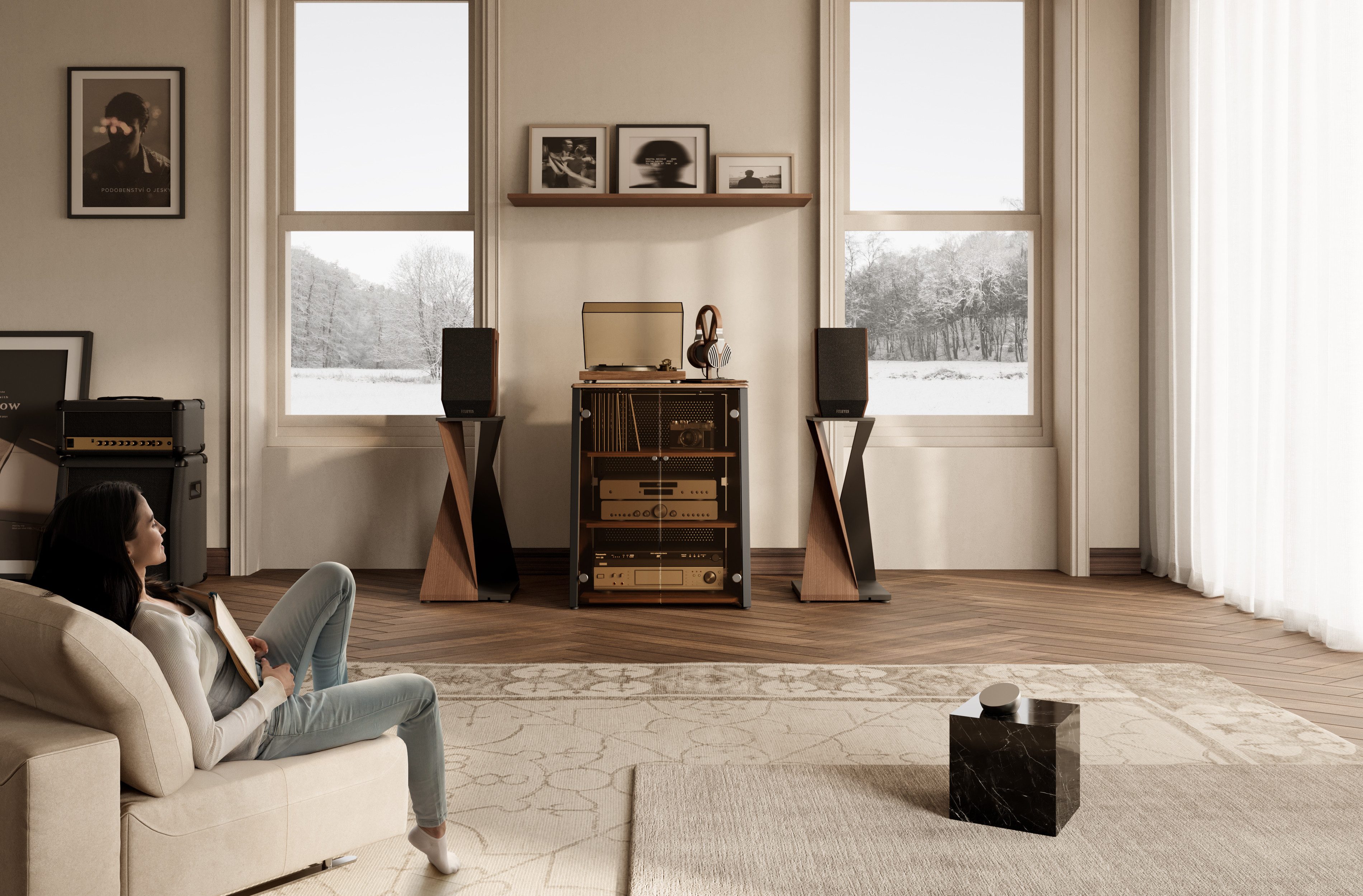 FITUEYES TV-Ständer HIFI-Rack mit verstellbaren Einlegeböden, Glastüren, (mit belüfteter Metall-Rückwand) – Bild 2 von 5
