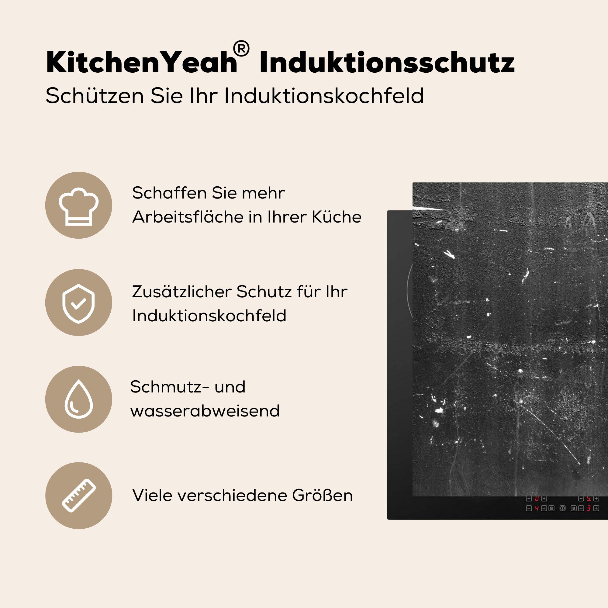 MuchoWow Herdblende-/Abdeckplatte Beton - Ceranfeldabdeckung die (1 Schwarz für Weiß, Vinyl, Induktionskochfeld cm, 81x52 tlg), - Schutz küche
