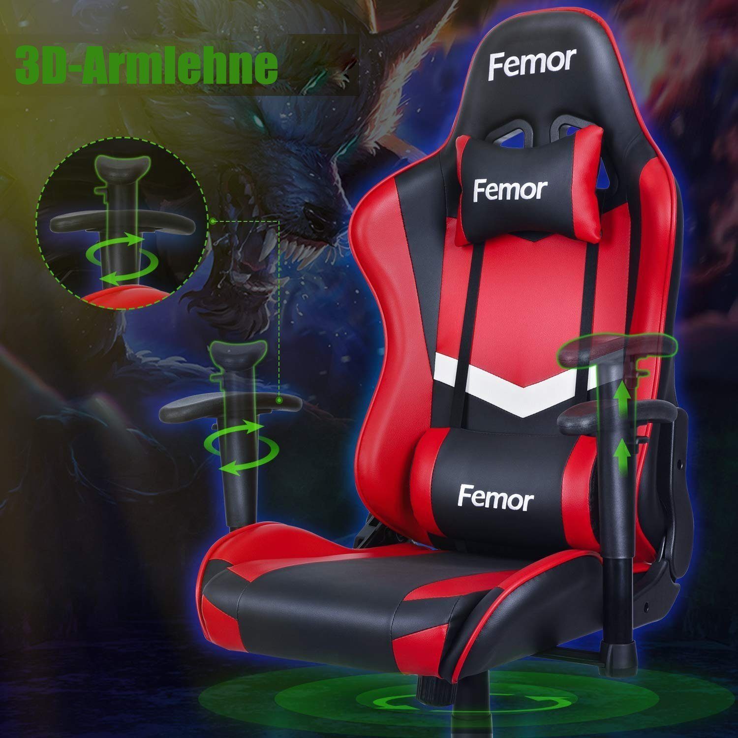 Femor Gaming Chair Gaming Stuhl, Gamer Stuhl 90°-160° Neigungswinkel,  Bürostuhl Drehstuhl mit Einstellbare Armlehne, Ergonomischer  Schreibtischstuhl mit Höhenverstellbarer Einteiliger Stahlrahmen Tragkraft  bis 200 kg