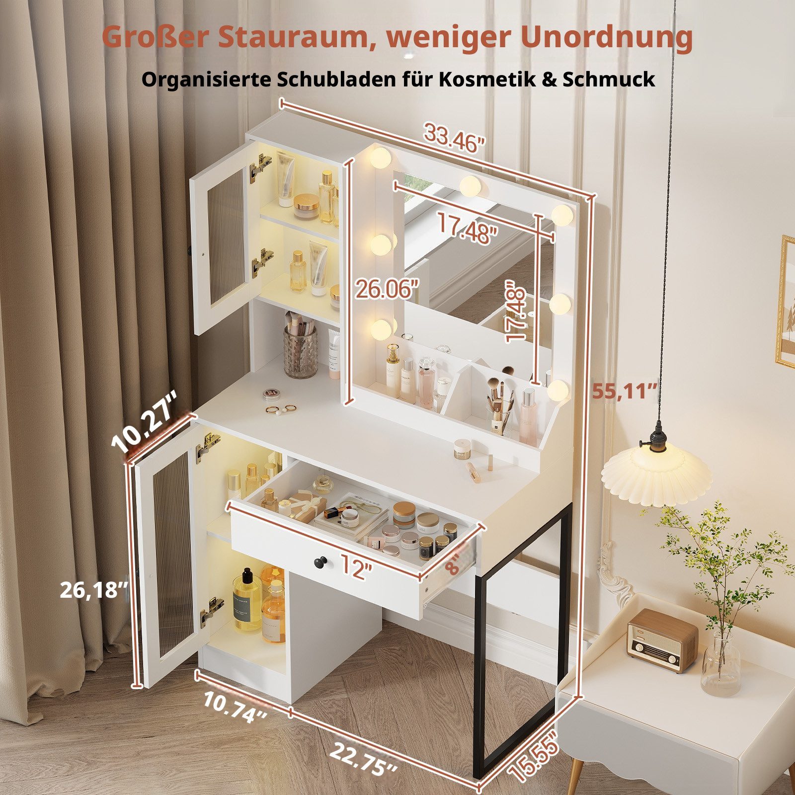 GarveeMore Schminktisch mit kratzfestem Spiegel, 3-farbiges LED Licht & stufenlose Dimmung (Weiß/Braun), 1 Schublade & 2 Schränke mit Glastüren & 3 offene Fäche – Bild 4 von 5