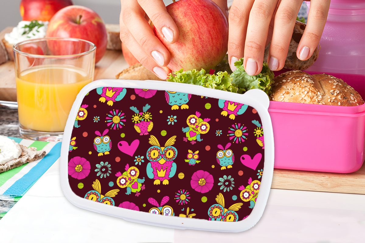 Mädchen - Kunststoff, Brotbox Kunststoff - Lunchbox Mädchen, - Erwachsene, für - Mädchen (2-tlg), Kinder, - Snackbox, - rosa Kind Muster Eule MuchoWow Kinder, Schokolade Brotdose