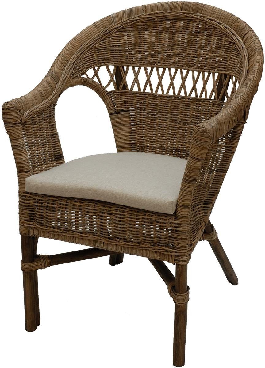 Krines Home Esszimmersessel Stapelbarer Rattansessel Wohnzimmer im Landhaus Stil Korbsessel Kissen, Flechtsessel echtes Rattan Sessel