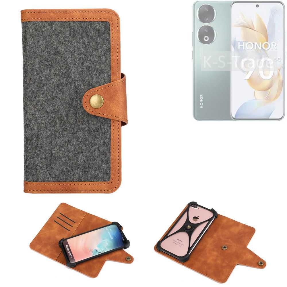 K-S-Trade Handyhülle für Honor 90, Schutzhülle Handyhülle Filz Hülle Kunst-Leder dunkelgrau braun