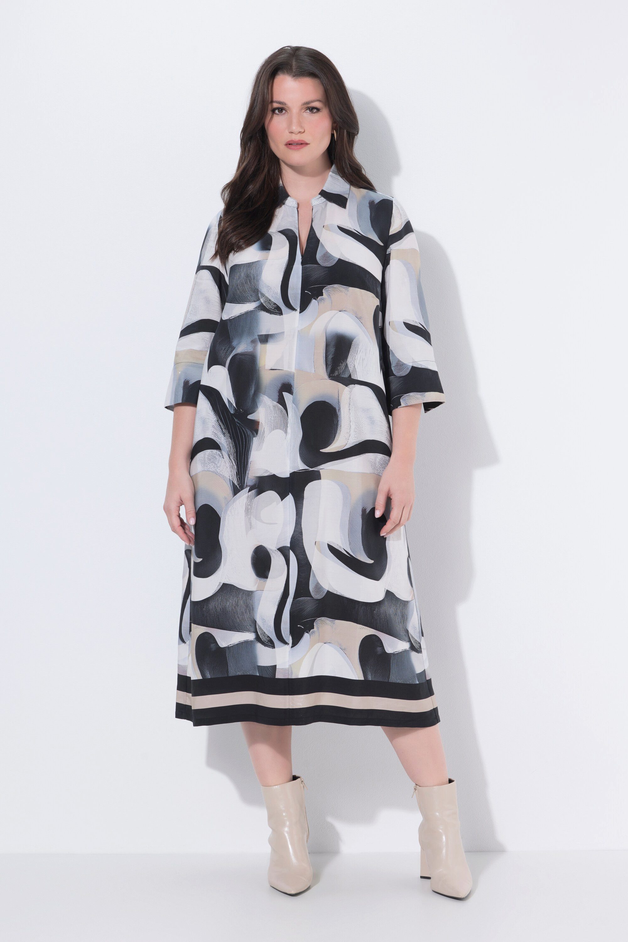 Ulla Popken Midikleid Lyocell-Maxikleid grafisch A-Linie Hemdkragen