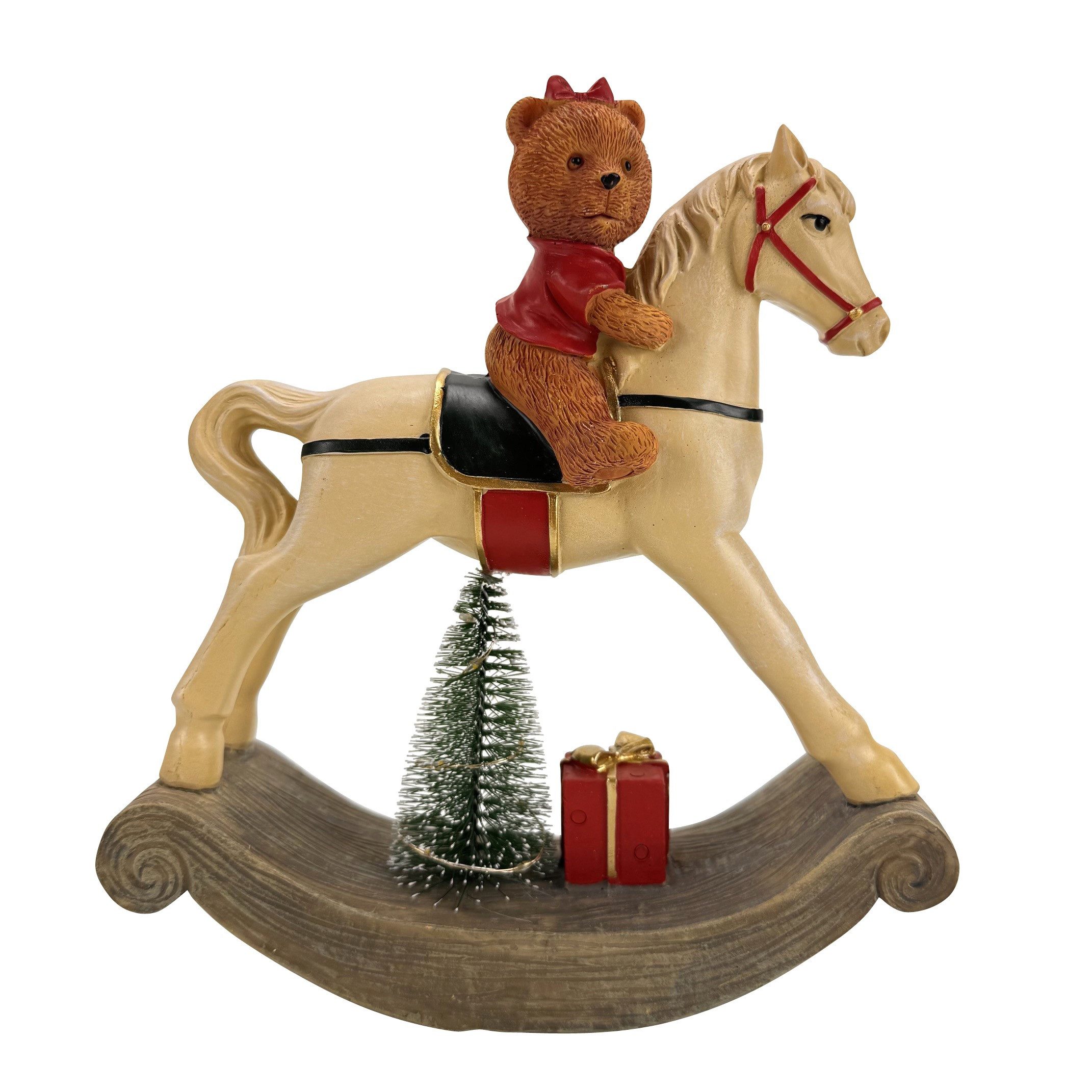 Online-Fuchs LED-Dekofigur Schaukelpferd mit Weihnachtsbaum und LED-Lichterkette - Weihnachtsdeko (mit süßen Teddybär, 10 warmweiße LEDs), praktische 6-Stunden  – Bild 4 von 5