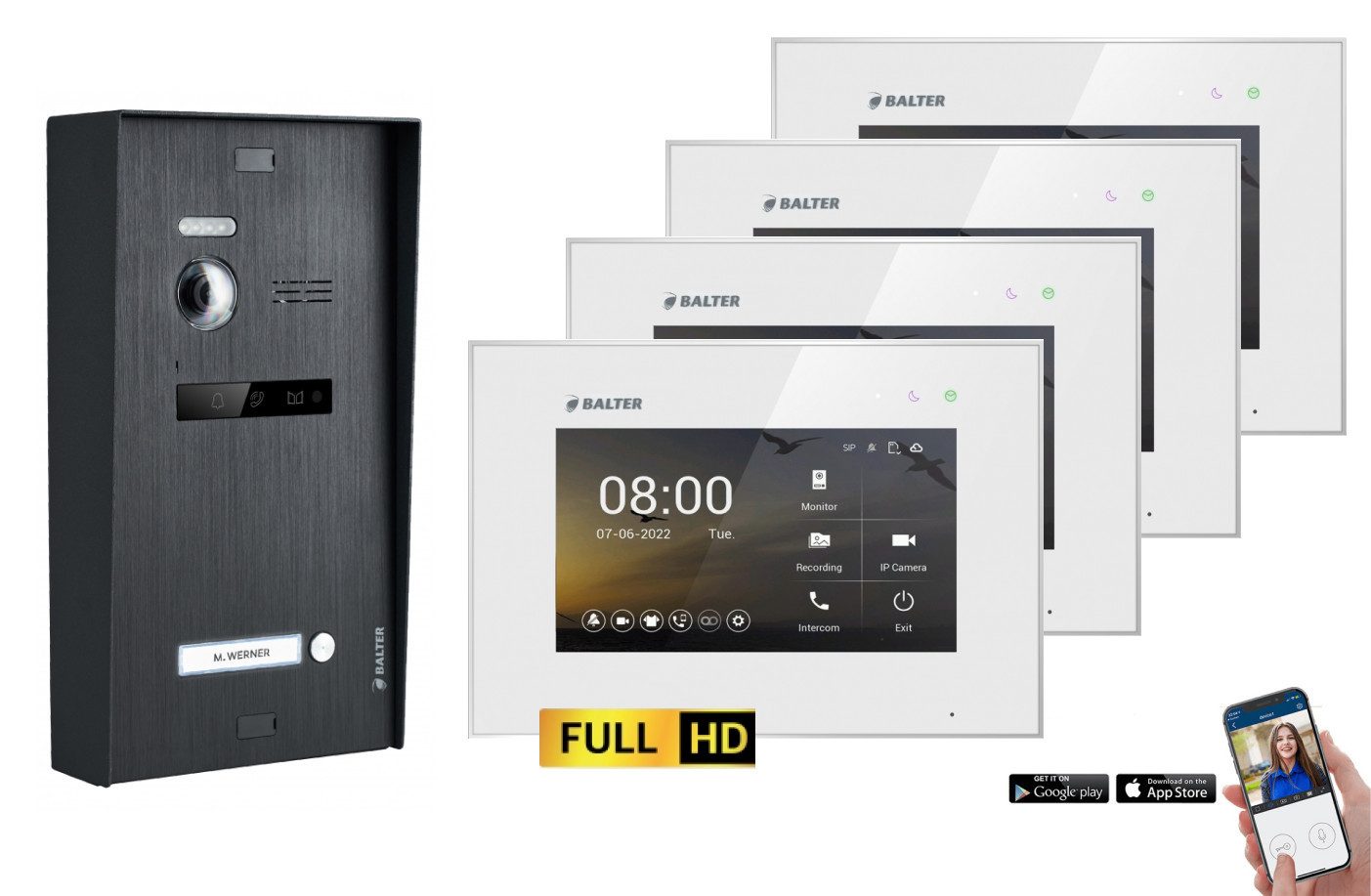Balter Video-Türsprechanlage BALTER EVO-HD Aufputz Türsprechanlage 1-Familienhaus Schwarz Weiß (Set, 1-Familienhaus, Komplettset, Full HD 175° Kamera, App-Steuerung)