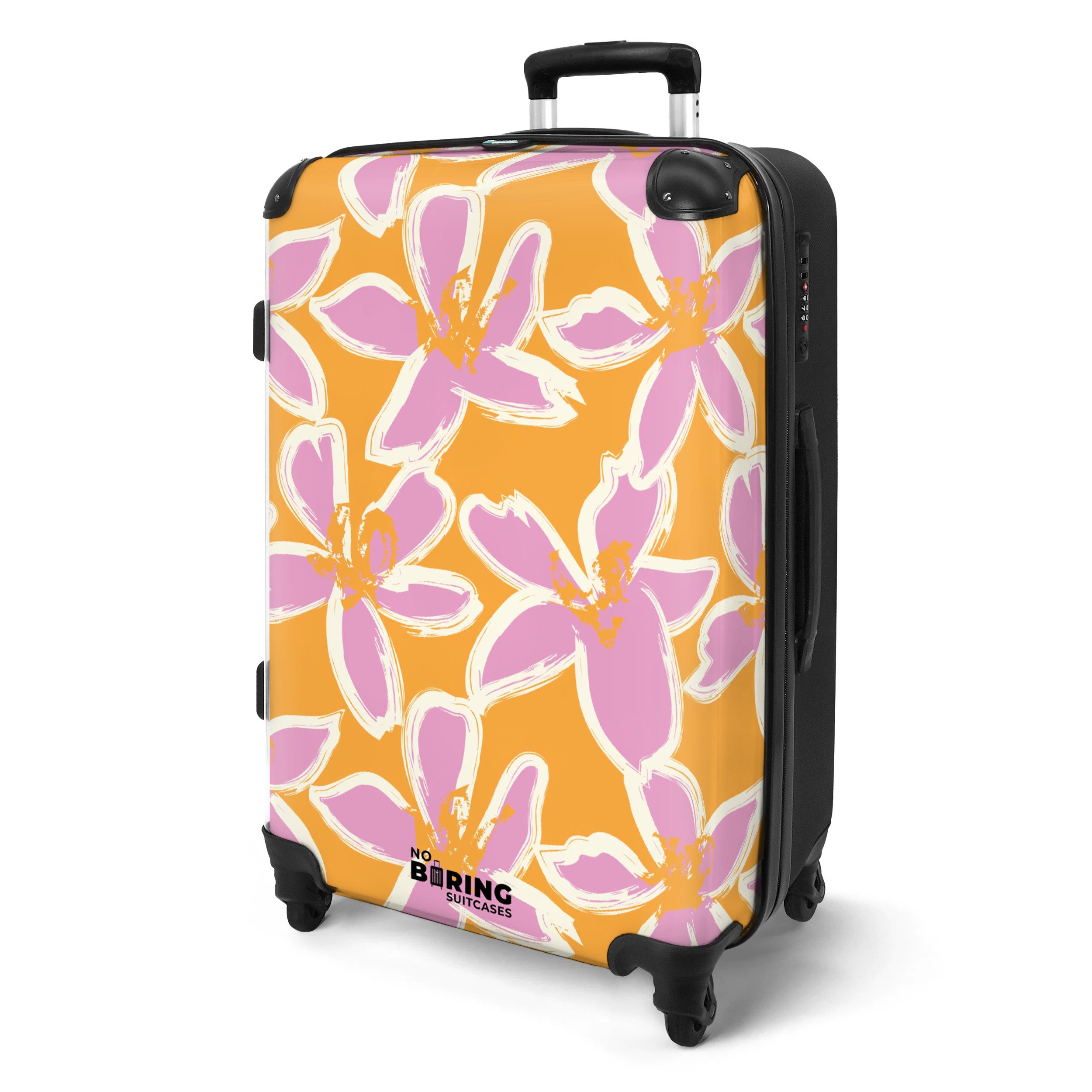 NoBoringSuitcases.com© Hartschalen-Trolley Orange mit rosa Blüten günstig online kaufen