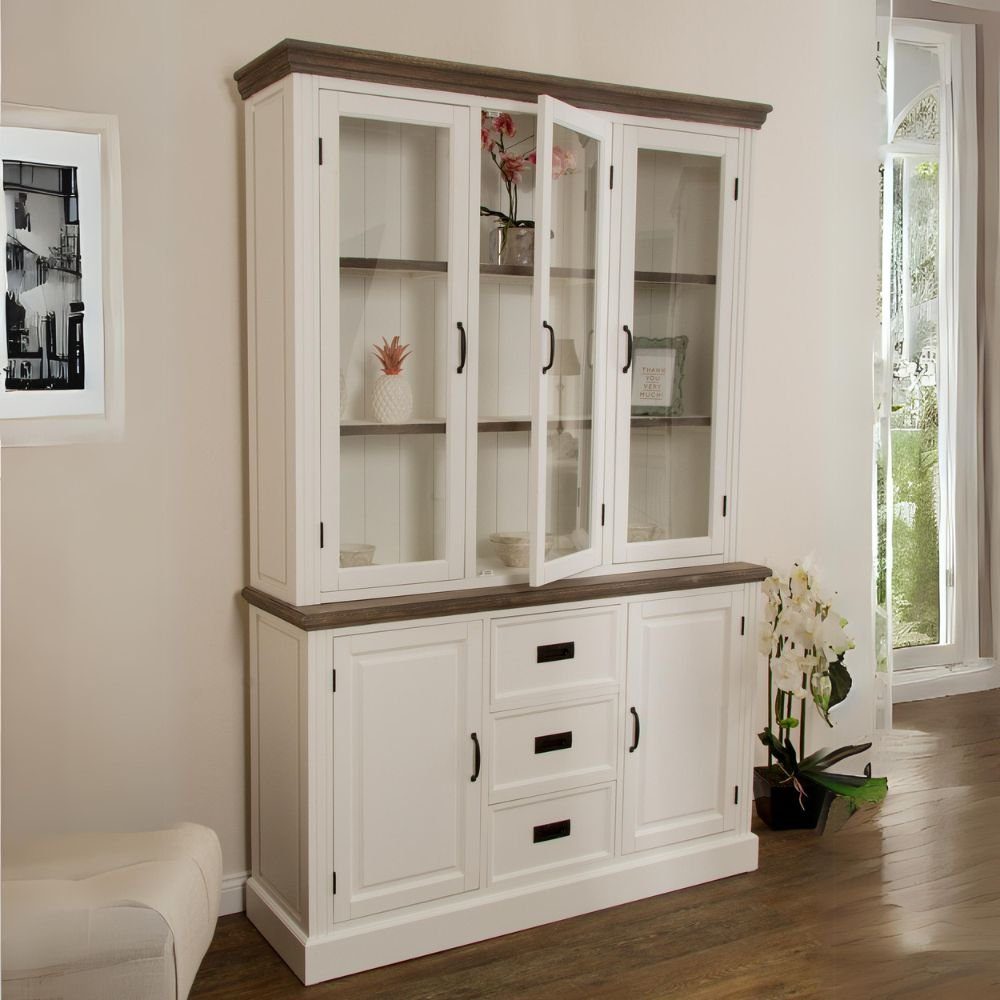 LebensWohnArt Mehrzweckschrank Edler Landhaus Vitrinenschrank 3 Türen CHALET 208cm weiss-braun