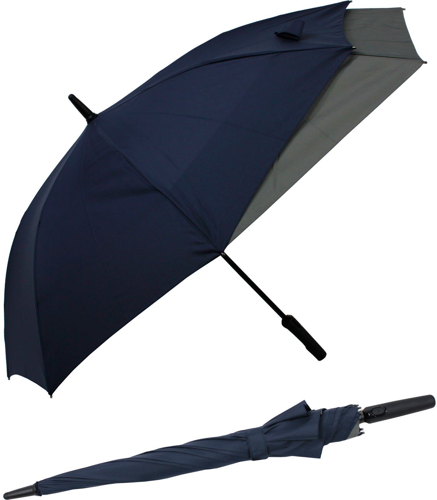 doppler® Langregenschirm Fiberglas mit Auf-Automatik - Move to XL, vergrößert sich beim Öffnen für mehr Schutz vor Regen navyblau-grau