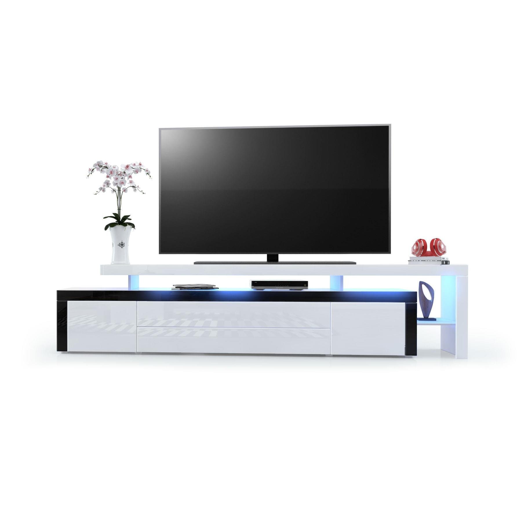 Vladon Lowboard Leon V3 (TV-Kommode, mit zwei Türen, zwei Schubkästen und einem modernen Überbau inkl. LED), Weiß Hochglanz/Schwarz Hochglanz (227 x 52 x 35 cm)