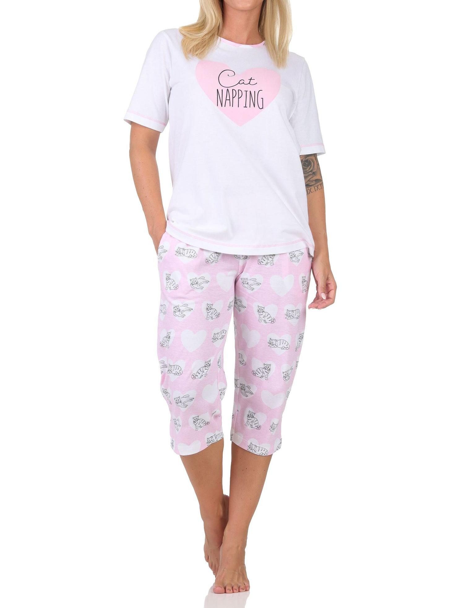 Pyjama Normann Damen kurzarm Capri Schlafanzug mit Herz und Katzenmotiv