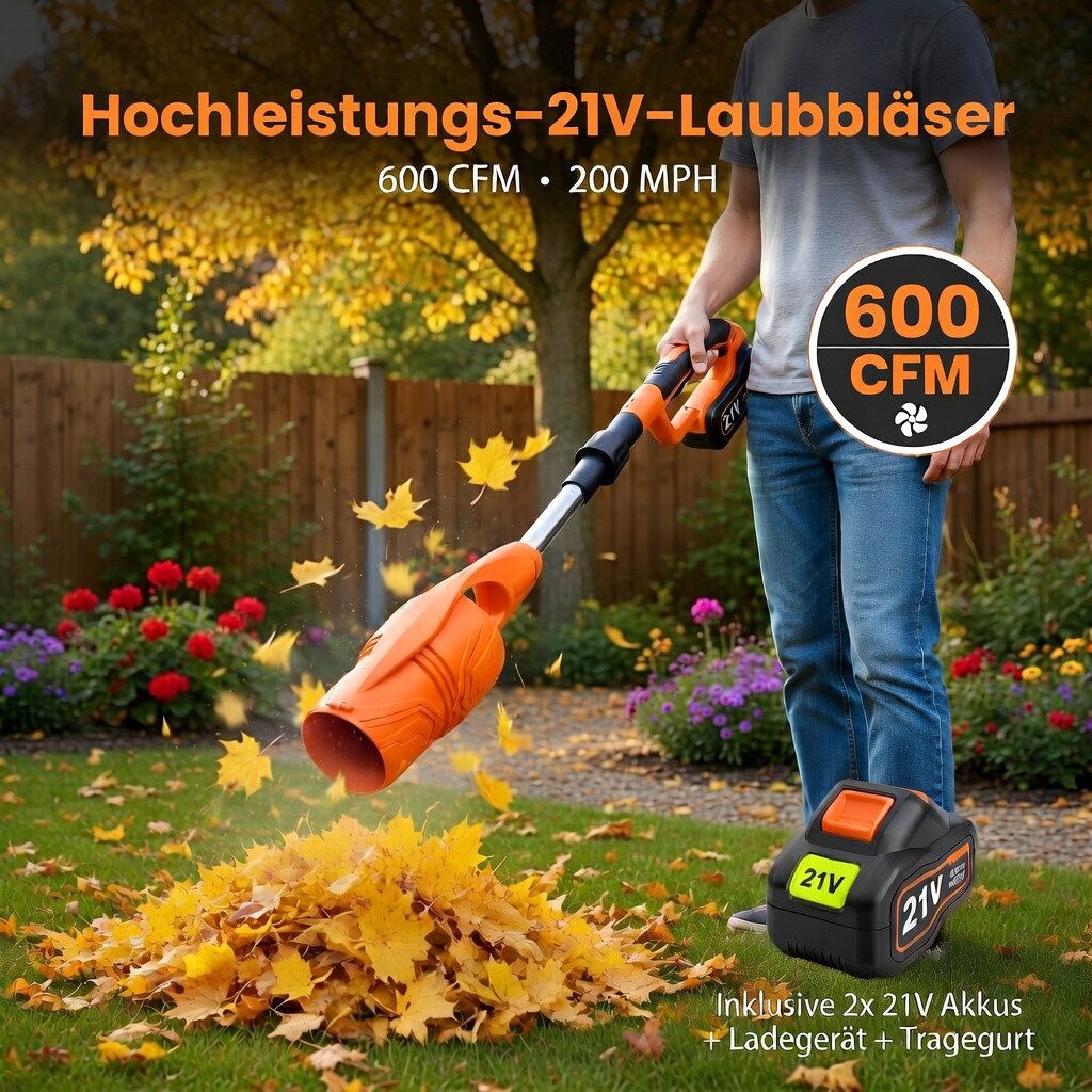 Tekoo Akku-Laubbläser 21V klappbar inkl. 2x 4.0Ah Akku, für Garten & Hof, (Set, Set inkl. 2 Akkus und Ladegerät), Klappbares Design für kompakte Lagerung