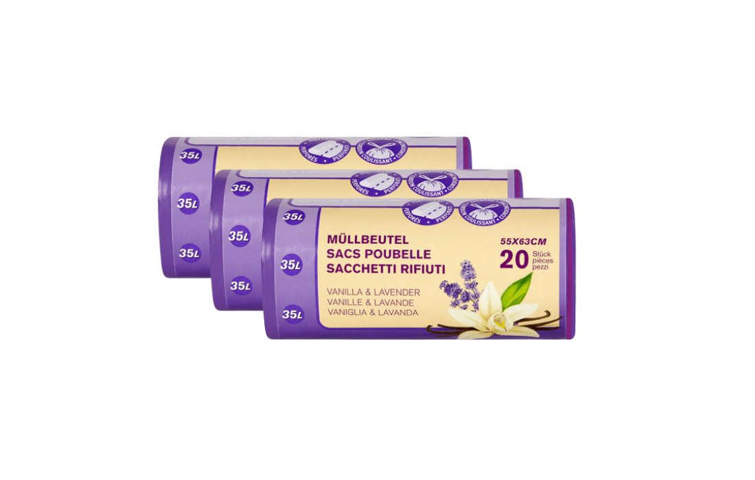 Migros Müllbeutel Müllbeutel Allzweckbeutel mit Zugband 35L - Vanilla & Lavender, 3 Rollen