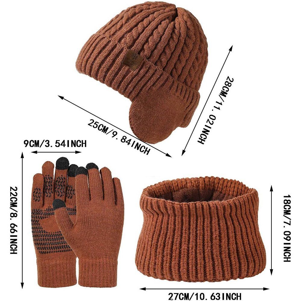 Mütze braun Set GLIESE Mütze Geschenk Warm 3 & Set Schal in Schal 1 Handschuhe Winter