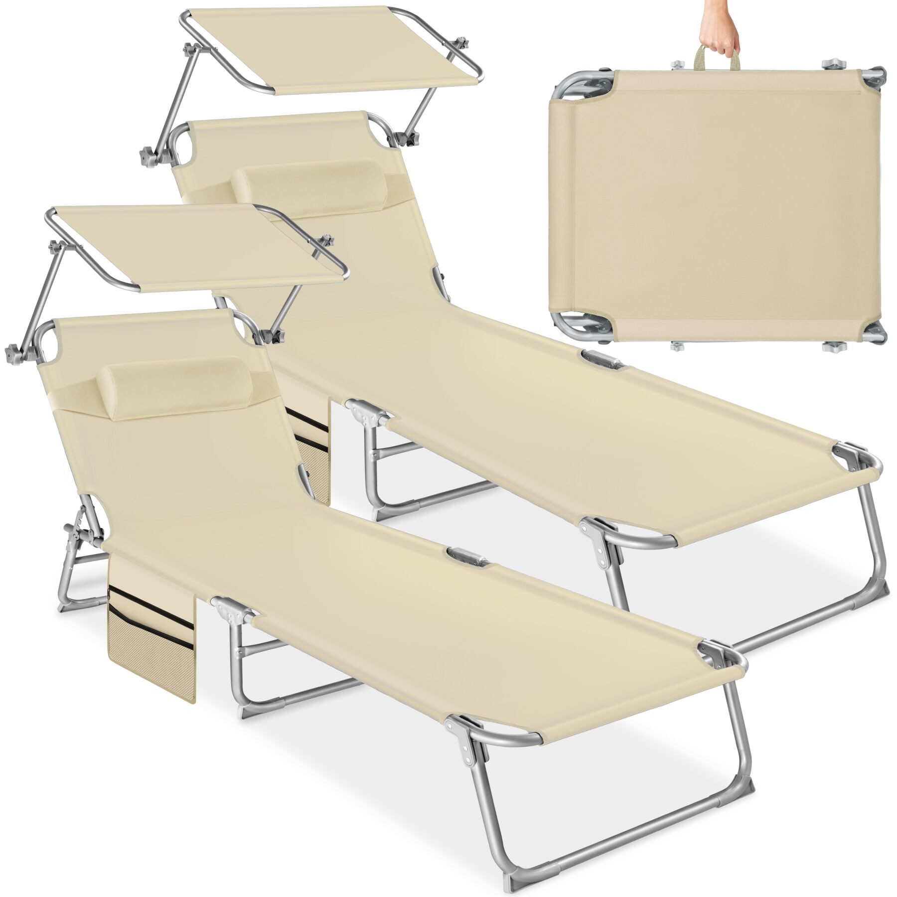 tectake Gartenliege Sonnenliege mit Seitentasche und Kopfpolster, 190 x 68 x 111 cm, Balkonliege Chloé, mit Seitentasche, 2 St., für Außen in Beige, klappbar, verstellbar, widerstandsfähig und UV-beständig