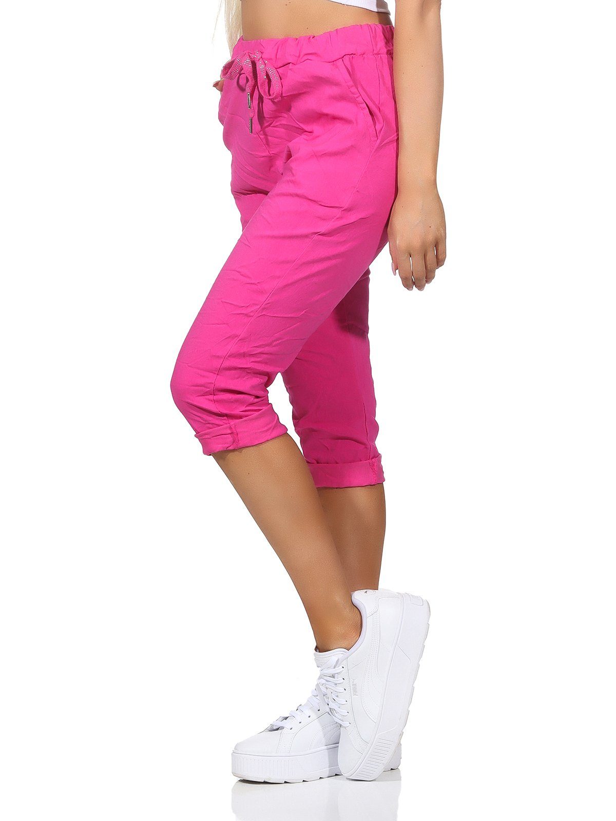 Aurela Damenmode 7/8-Hose Damen Sommerhose Capri Kurze sommerlichen und Bermuda in Farben, Kordelzug, Taschen 36-44 Jeans Pink Hose