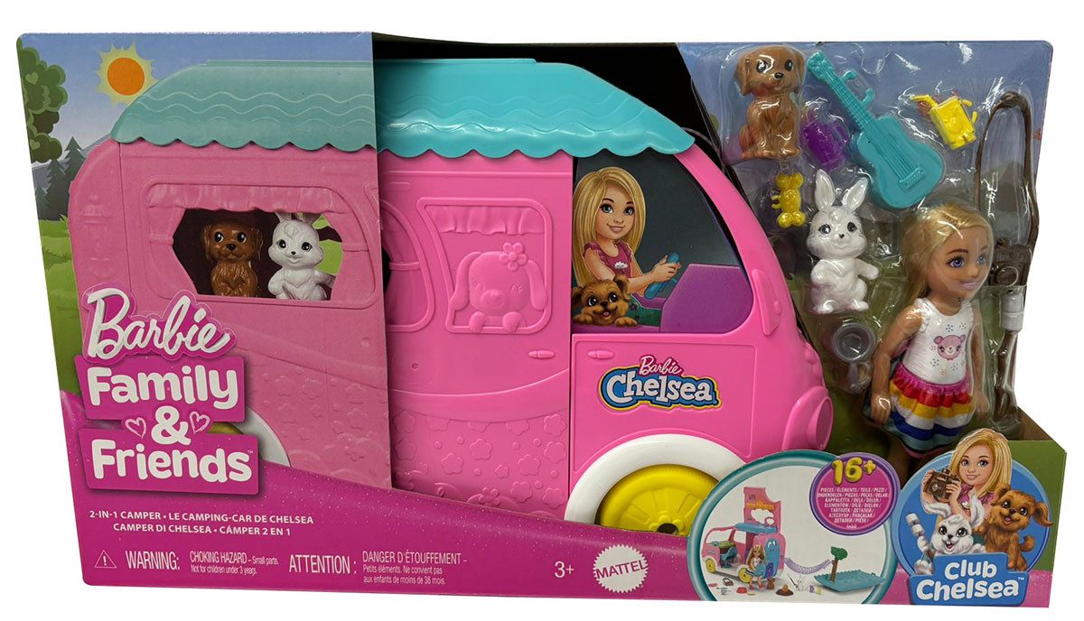 Stehpuppe Mattel Barbie Club Chelsea Puppe mit 2 in 1 Camper mit Pool, Wohnmobil