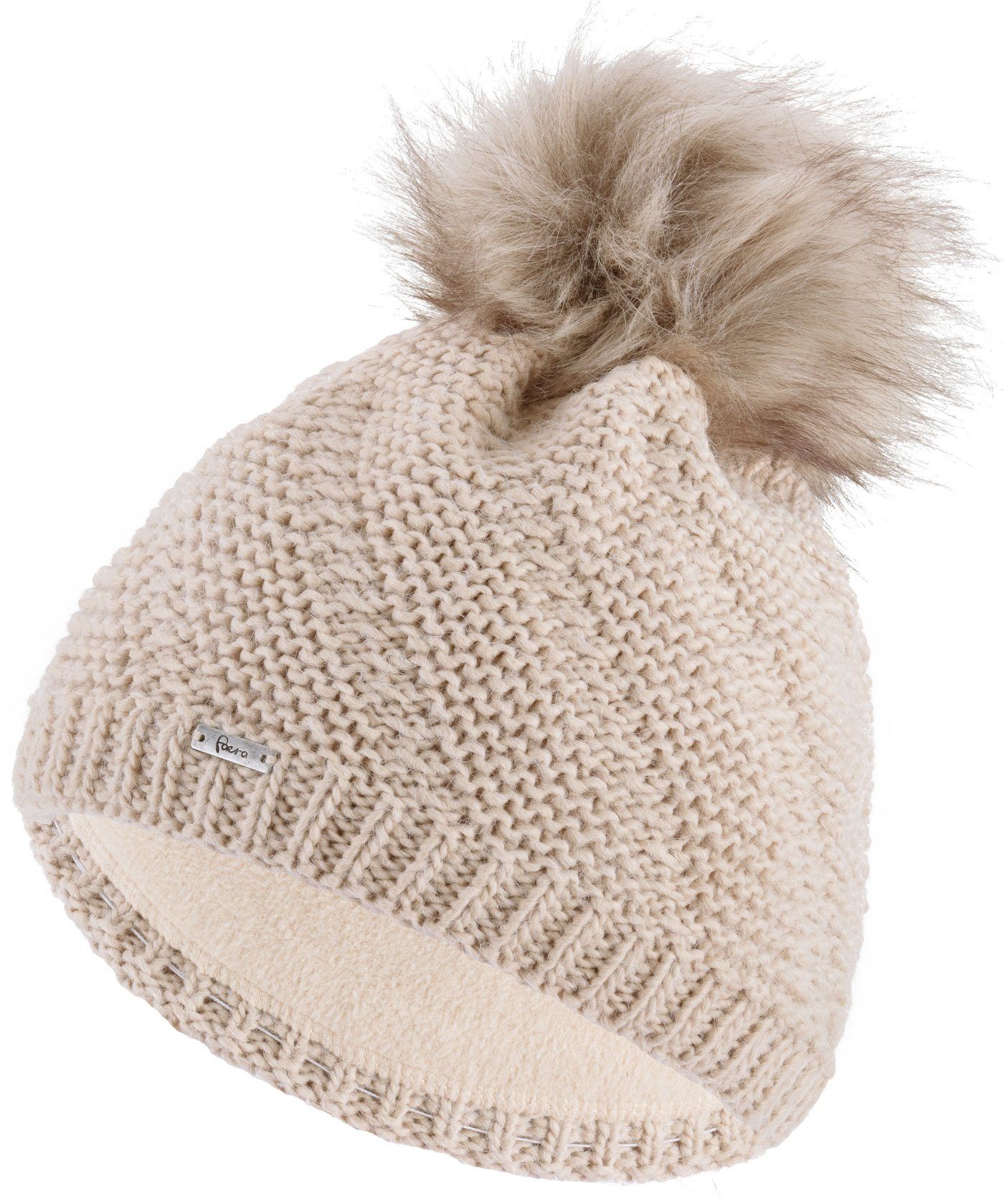 Faera Bommelmütze Wintermütze Damen Herren Mütze Beanie Haube gefüttert Strickmütze beige