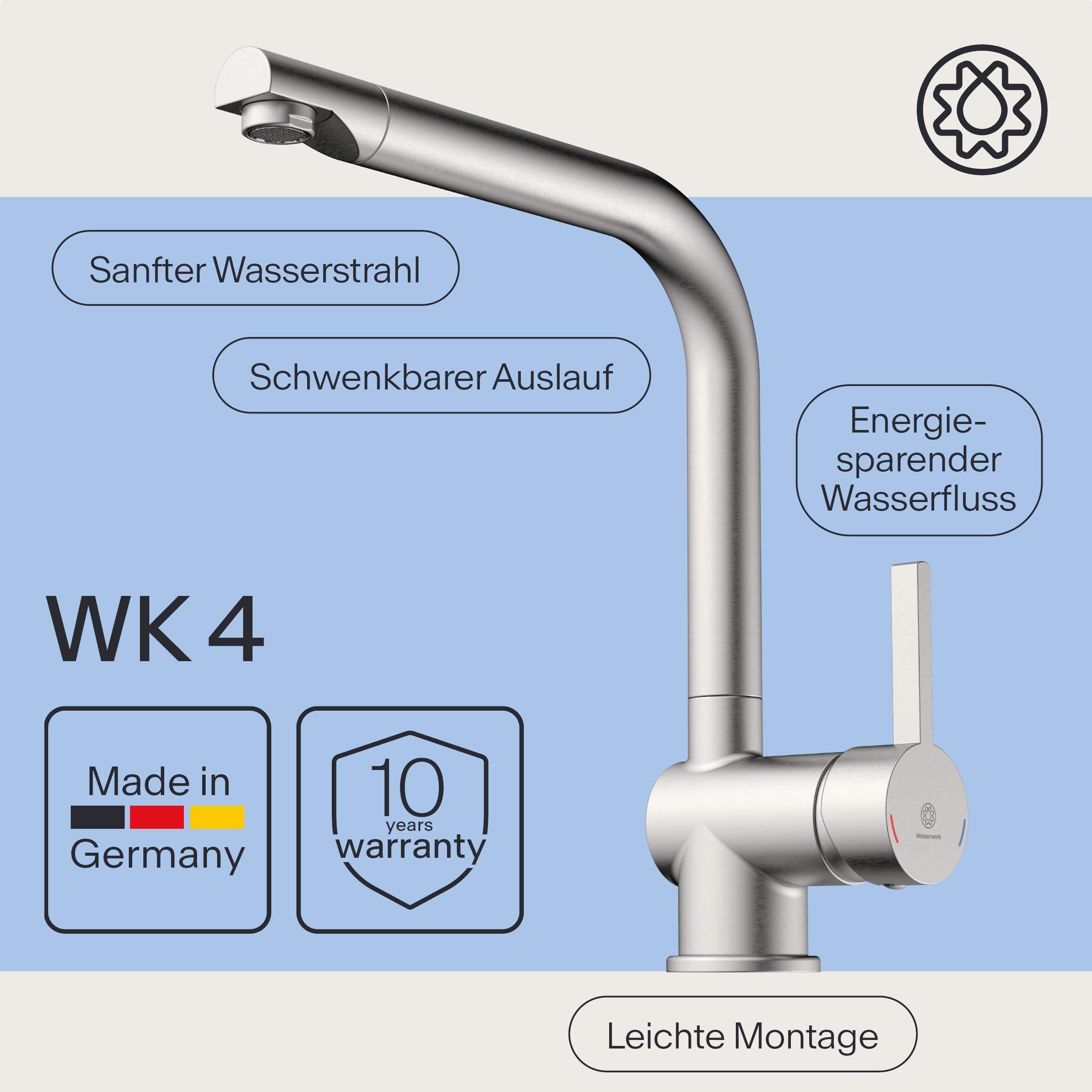 WASSERWERK Spültischarmatur WK 4, Wasserhahn, Küche, Einhebelmischer 360° schwenkbar, Cold-Start-Funkt., geräuscharm