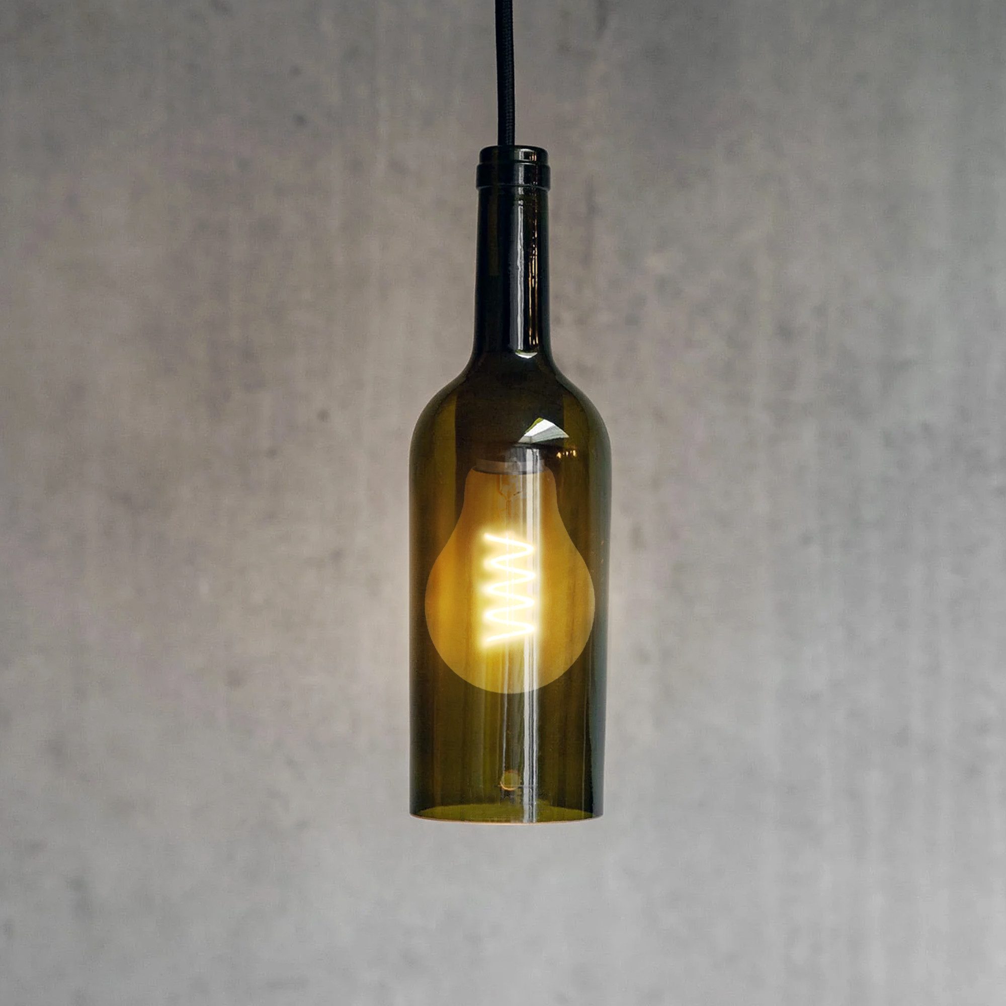 SSC-LUXon LED-Hängeleuchte Pendelleuchte aus recycelter Weinflasche Olive Vintage LED Glühbirne, Extra Warmweiß