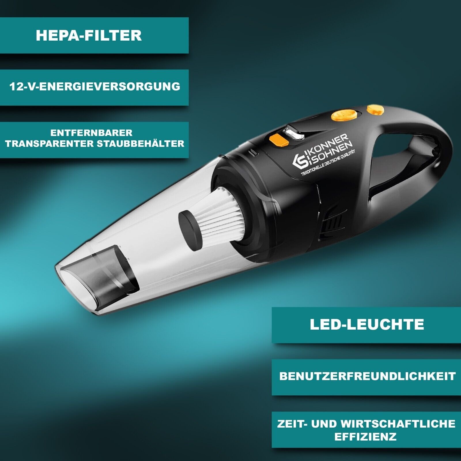 Könner & Söhnen Handstaubsauger KS VC20, 3m Kabel für Kofferraum, LED-Licht, transparenter Behälter schwarz