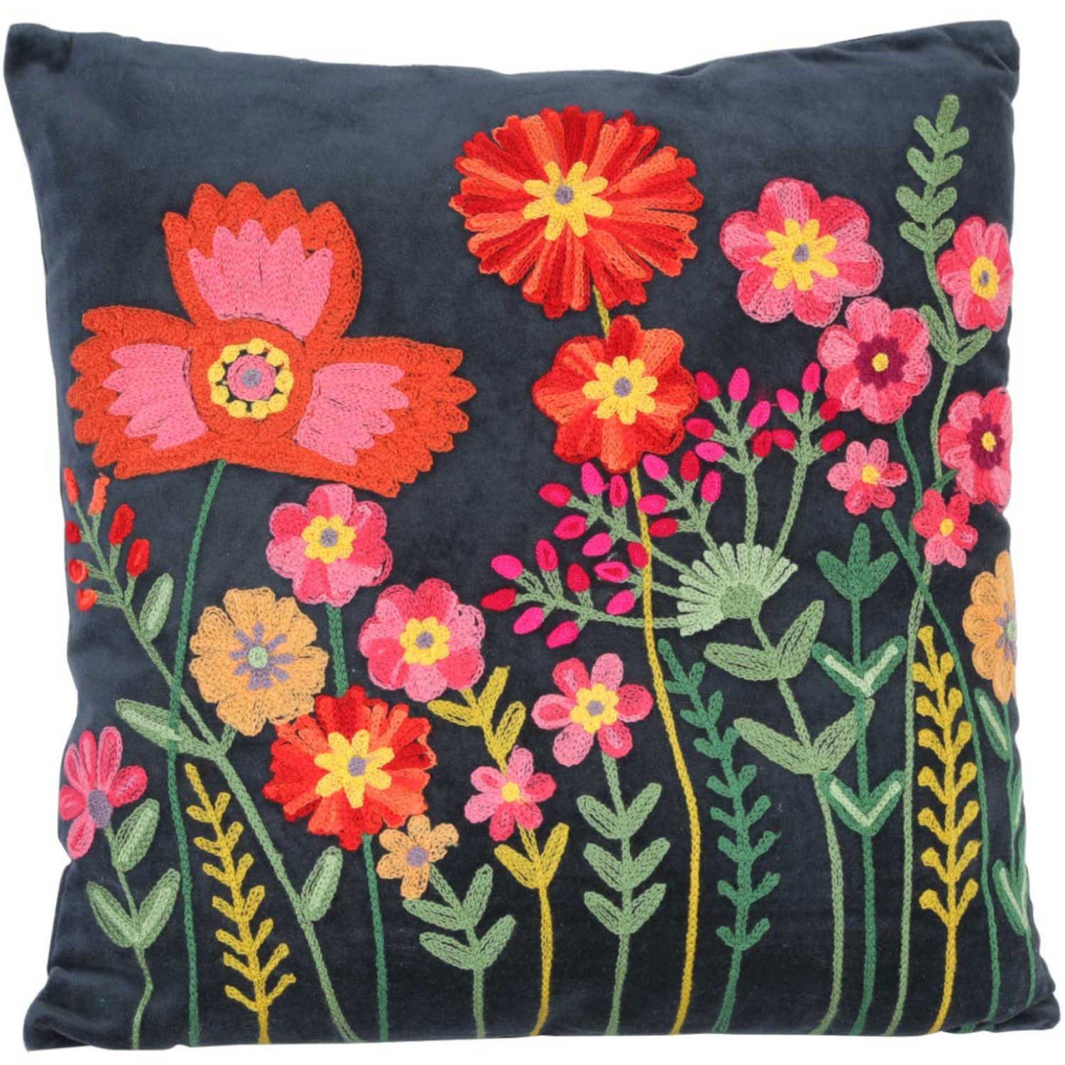 Casa Moro Dekokissen Boho Chic Kissen Livia 40x40 mit Füllung & Blumen bestickt, Kissenhülle mit Füllung, Dekokissen mit Stickerei Dunkelblau