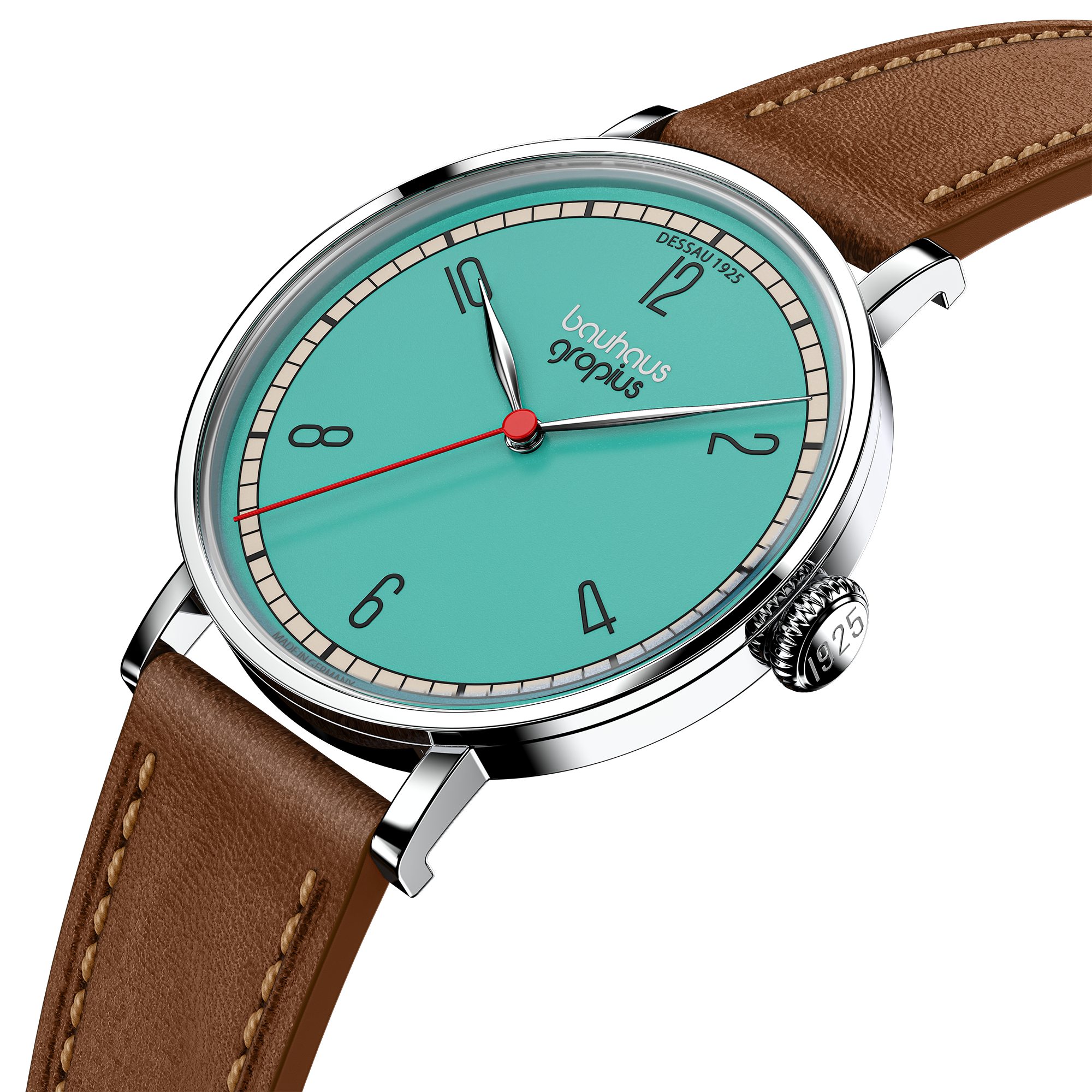 Walter Gropius Quarzuhr Made in Germany, Damenuhr, Herrenuhr, Unisex, Saphirglas - WGN 003-01, Armbanduhr, Lederarmband, Edelstahlgehäuse, New Bauhaus Dessau 1925