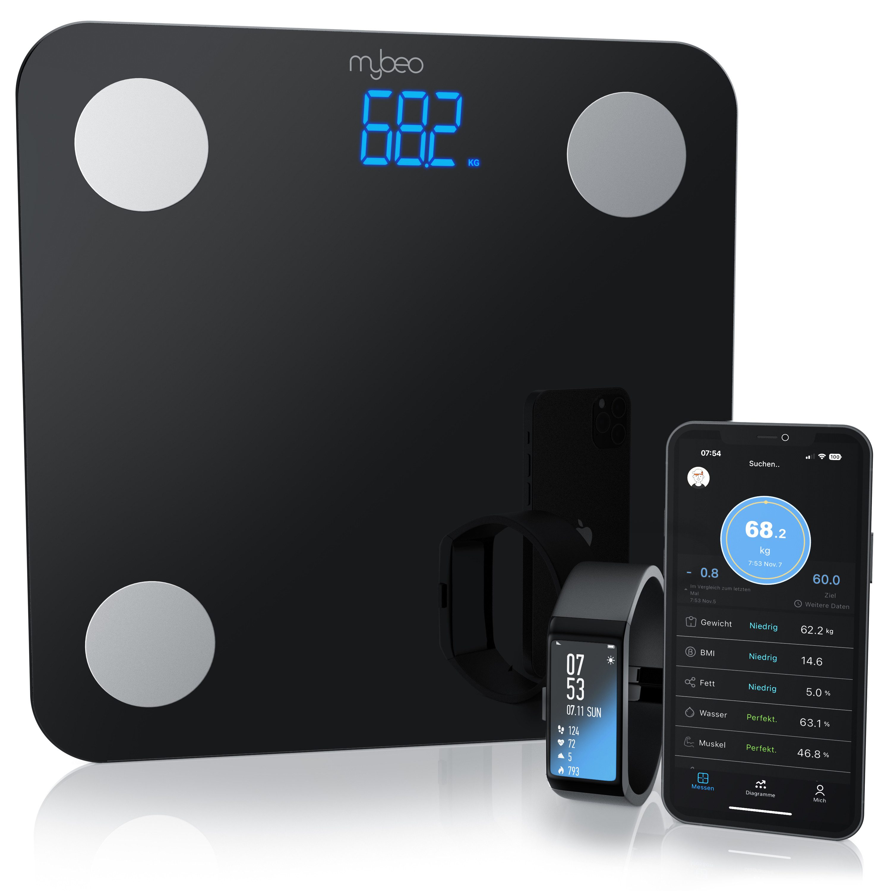 MyBeo Körper-Analyse-Waage Digitale Bluetooth Körperfettwaage, Diagnosewaage mit App-Steuerung, 1-tlg., Personenwaage, BMI, Körperfett, Wasser & Muskelanteil, 5-180 kg