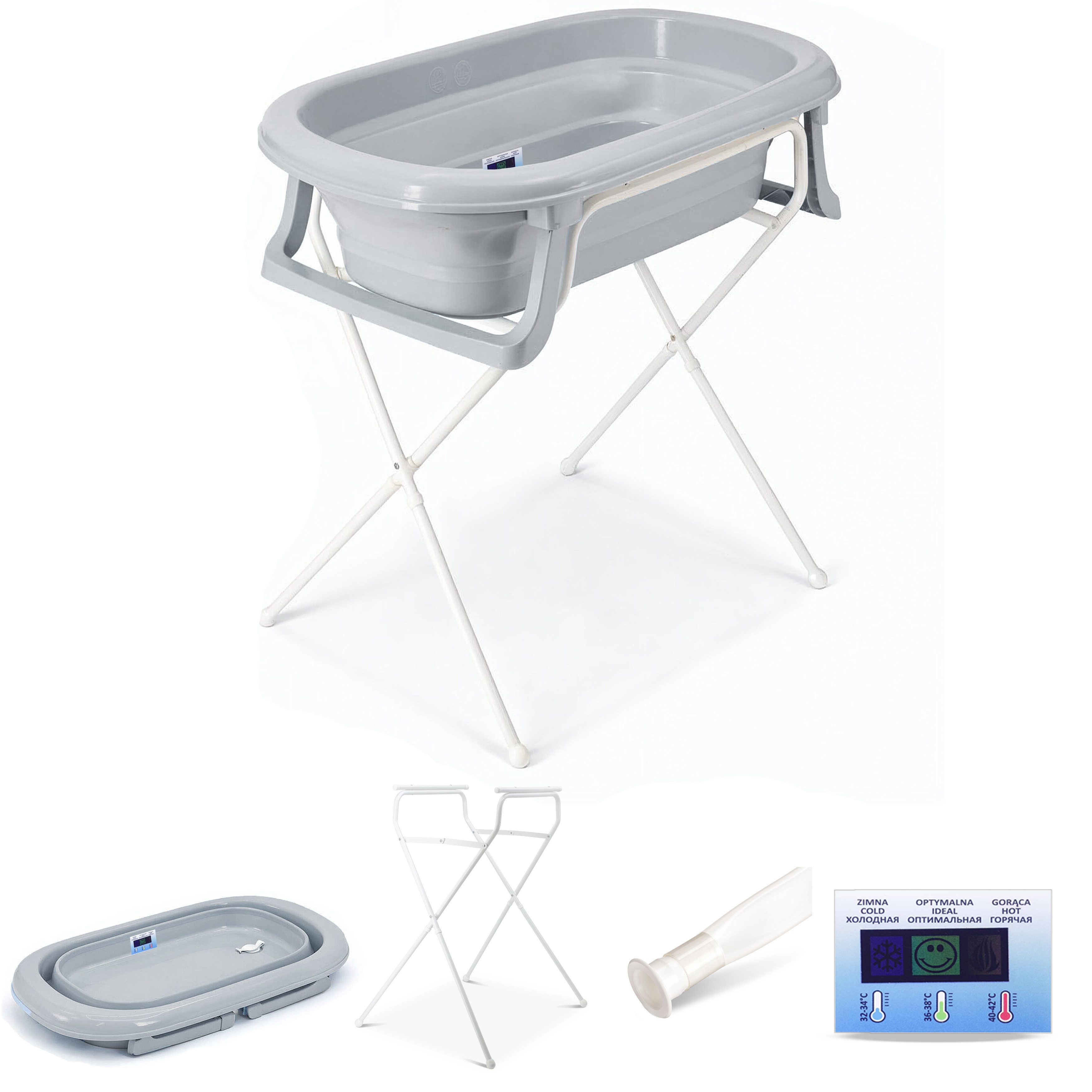 Babykajo Babybadewanne, (Set, 4-tlg), Babywanne faltbar mit Ständer, Abflussschlauch und Thermometer