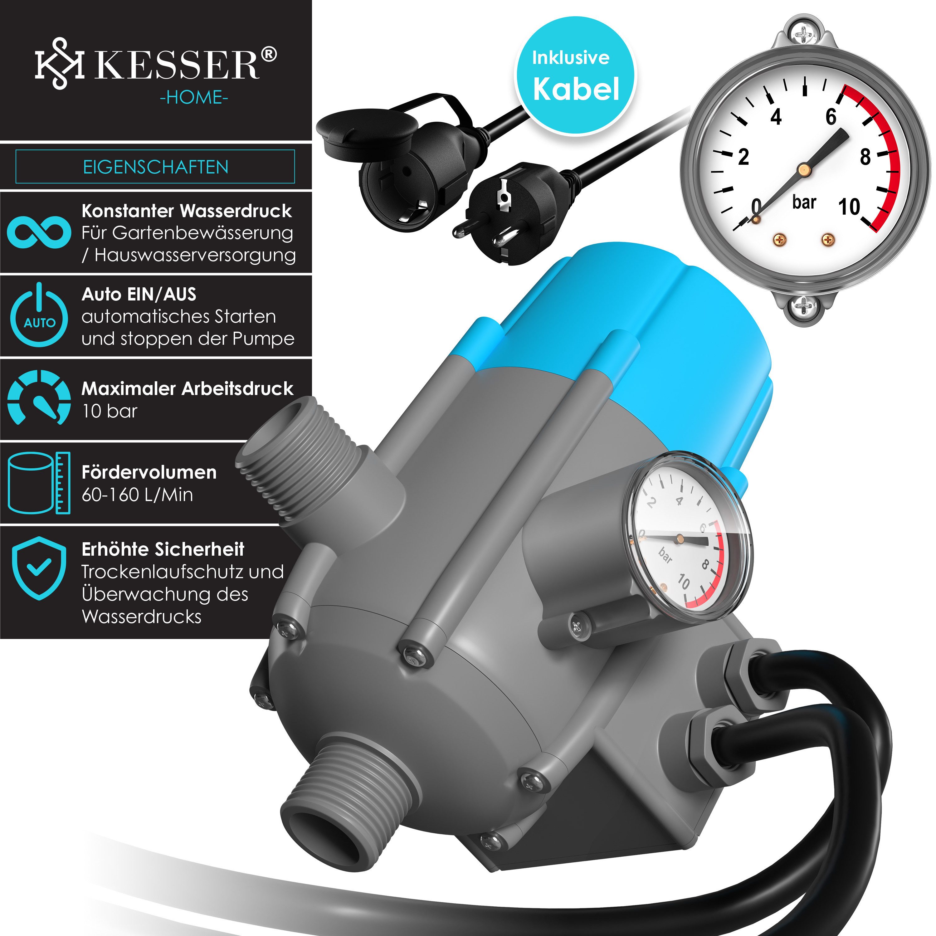 KESSER Wasserpumpe, Pumpensteuerung mit Baranzeige mit Kabel 10 bar Druckwächter