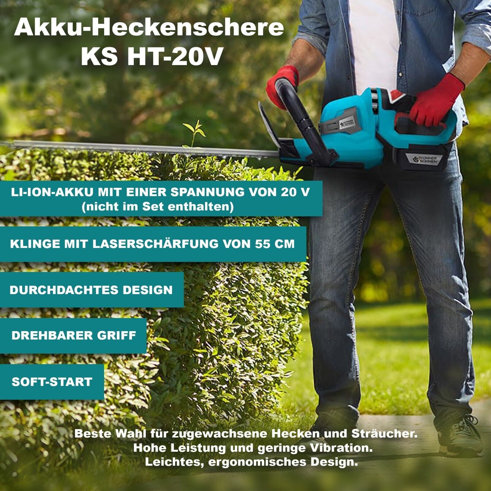 Könner & Söhnen Akku-Heckenschere KS HT-20V + KS C24A + KS 20V2-1, (1 St), Soft-Start, 5 Positionen, gummierter Handgriff