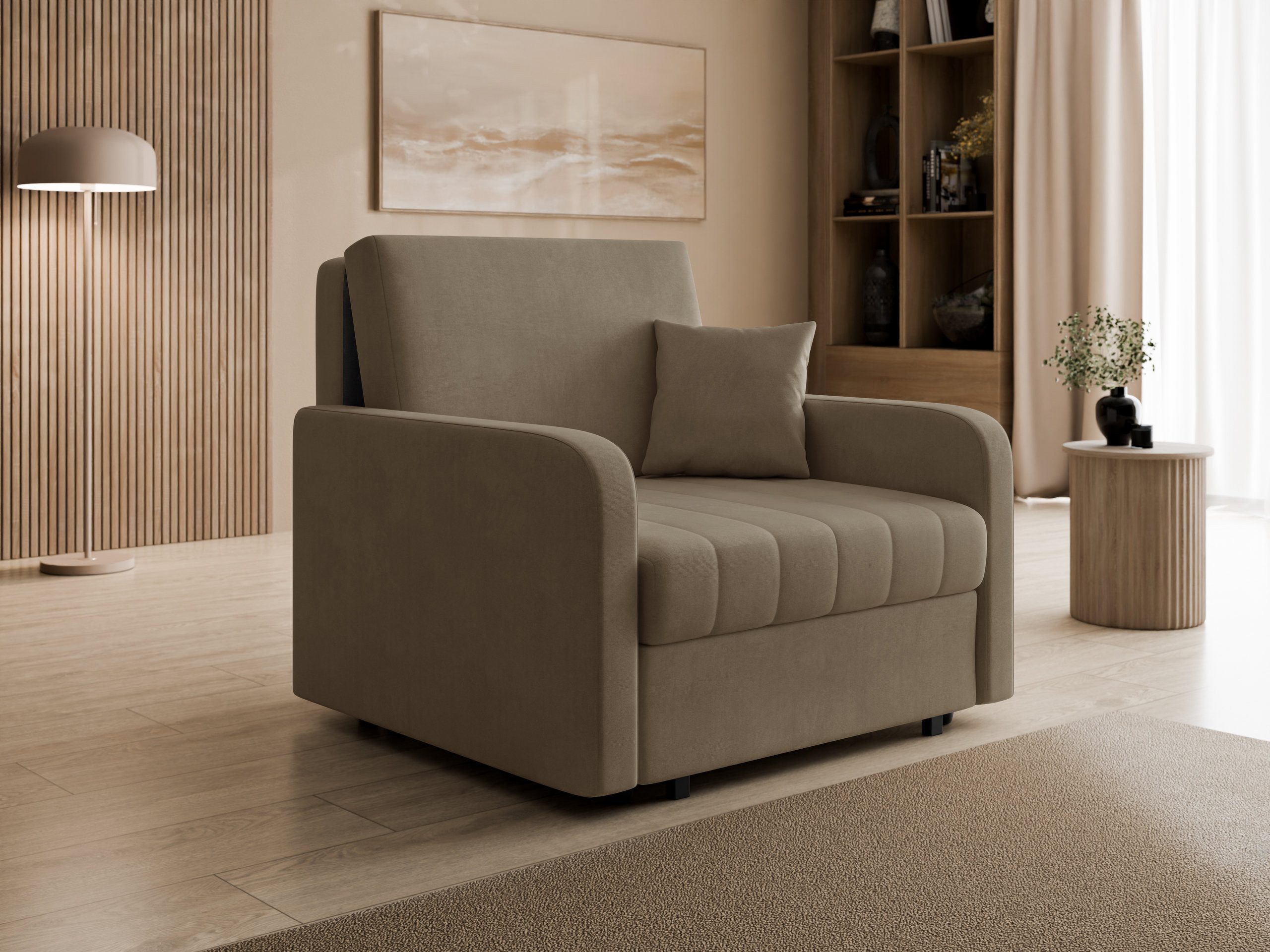 MIRJAN24 Schlafsofa Viva Silk I, mit Bettkasten und Schlaffunktion, 1-Sitzer, 102x98x85 cm, Schwarze Metallfüße