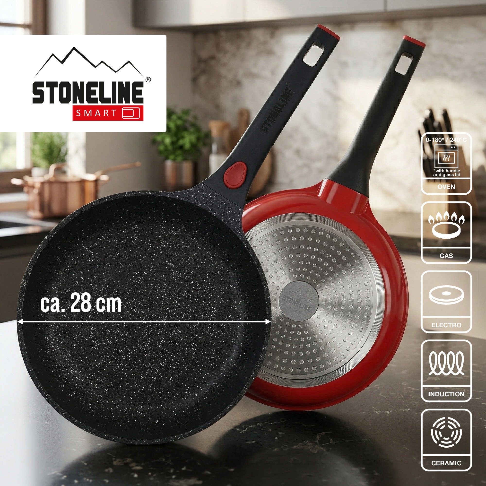 STONELINE Bratpfanne SMART 28 cm, rot, abnehmbarer Griff, Induktion, Aluminiumguss (1-tlg)