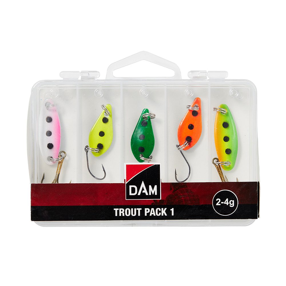 DAM Fishing Kunstköder Trout Pack 1 Set incl. Box 5 Stück 2-4g Spoons Blinker Forelle Barsch, (Spar-Set, 5-St), Sehr fängige Forellen- und Barschköder