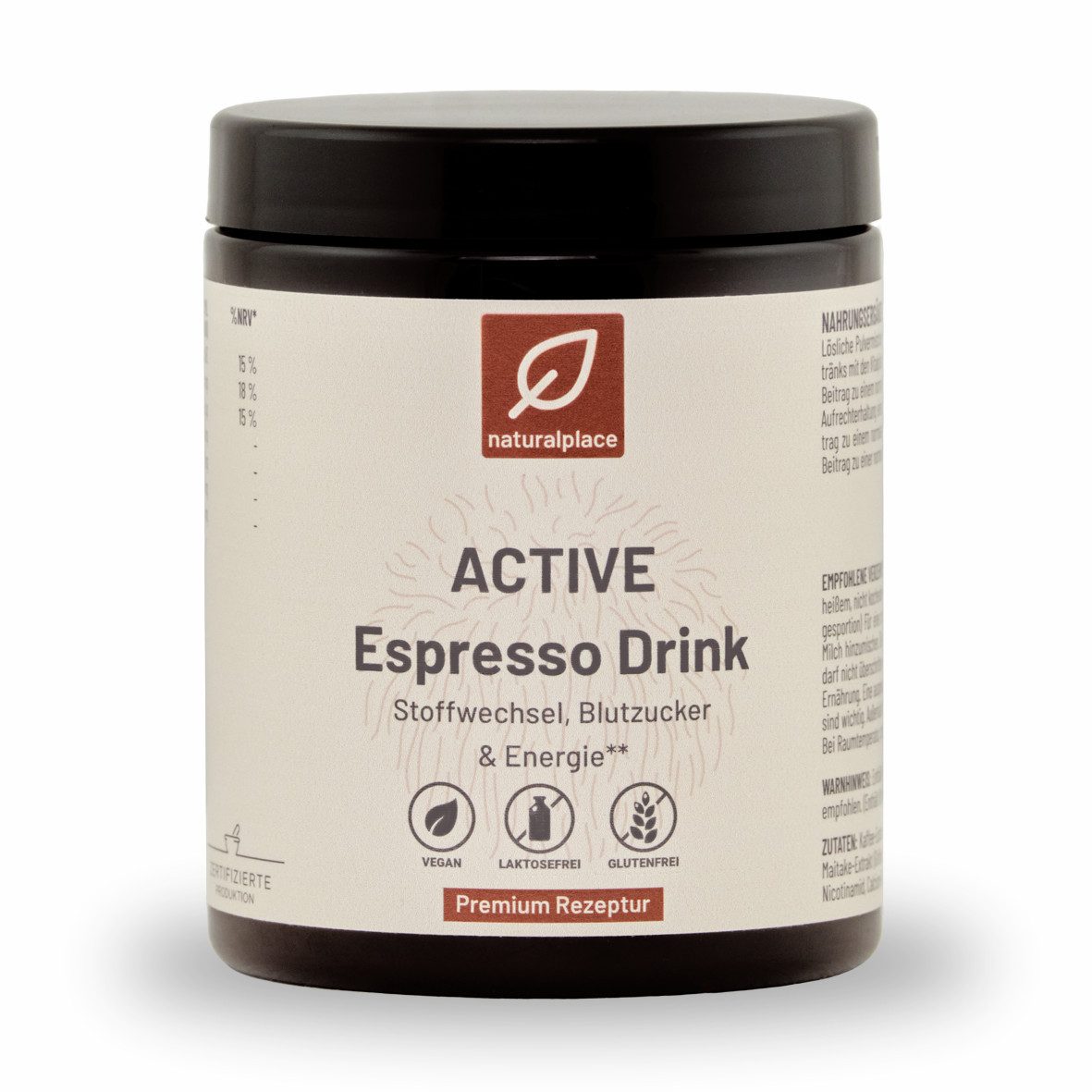 naturalplace® ACTIVE Espresso Drink - Kaffee-Extrakt mit Vitalpilzen und Vitaminen, Pulver, 90 g, für Stoffwechsel, Blutzucker & Energie**