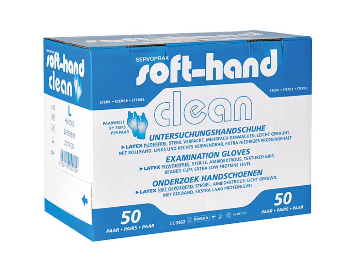 DocMed Latexhandschuhe Soft-Hand Clean paarweise steril verpackt (Schutzhandschuhe, 50-St., Hygienische Schutzhandschuhe) Puderfrei & hautfreundlich, Verlängerte Stulpe