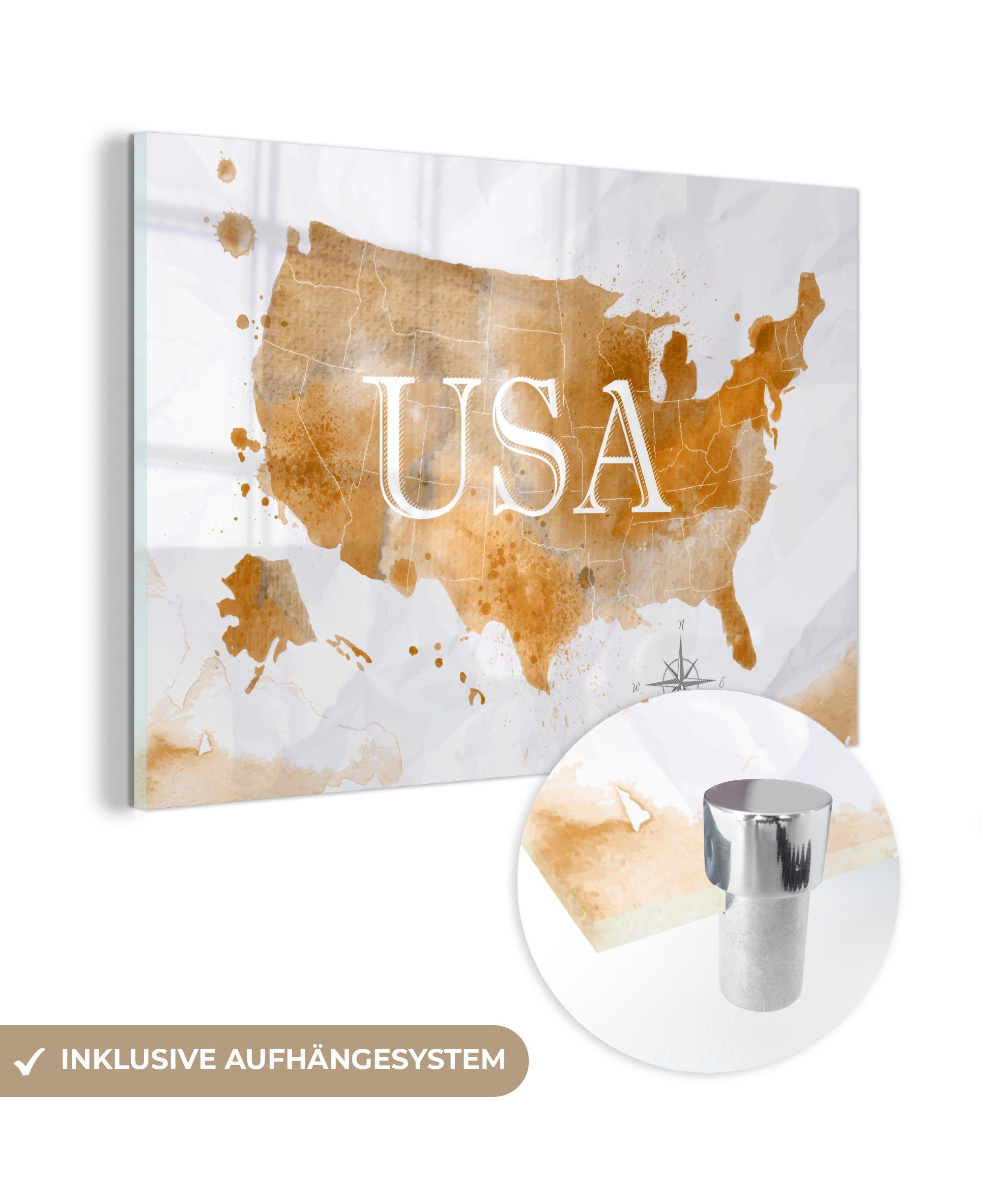 MuchoWow Acrylglasbild Karte - Amerika - Gold, (1 St), Glasbilder - Bilder auf Glas Wandbild - Foto auf Glas - Wanddekoration