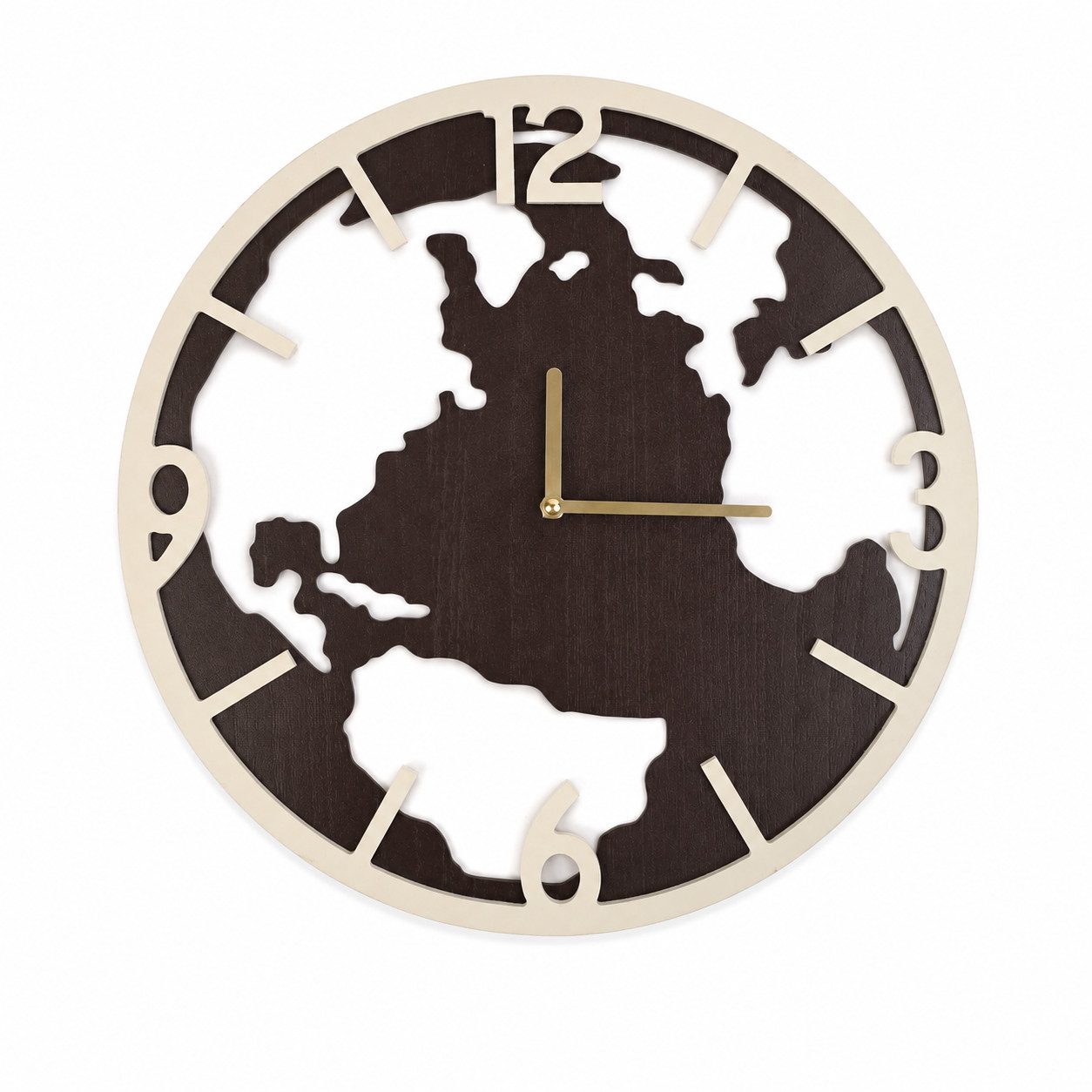 OTTO home Uhr runde Wanduhr mit Quarzuhrwerk, ca.39,5cm (aus MDF mit goldfarbenen Zeigern, Landkarte, Weltkarte)