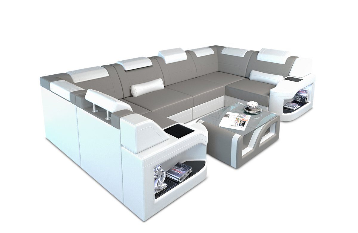 Stoffsofa Sofa Wohnlandschaft mit Couch Design Padua wahlweise M hellgrau-weiß U Form Dreams Stoff Mikrofaser Sofa, Polster Bettfunktion