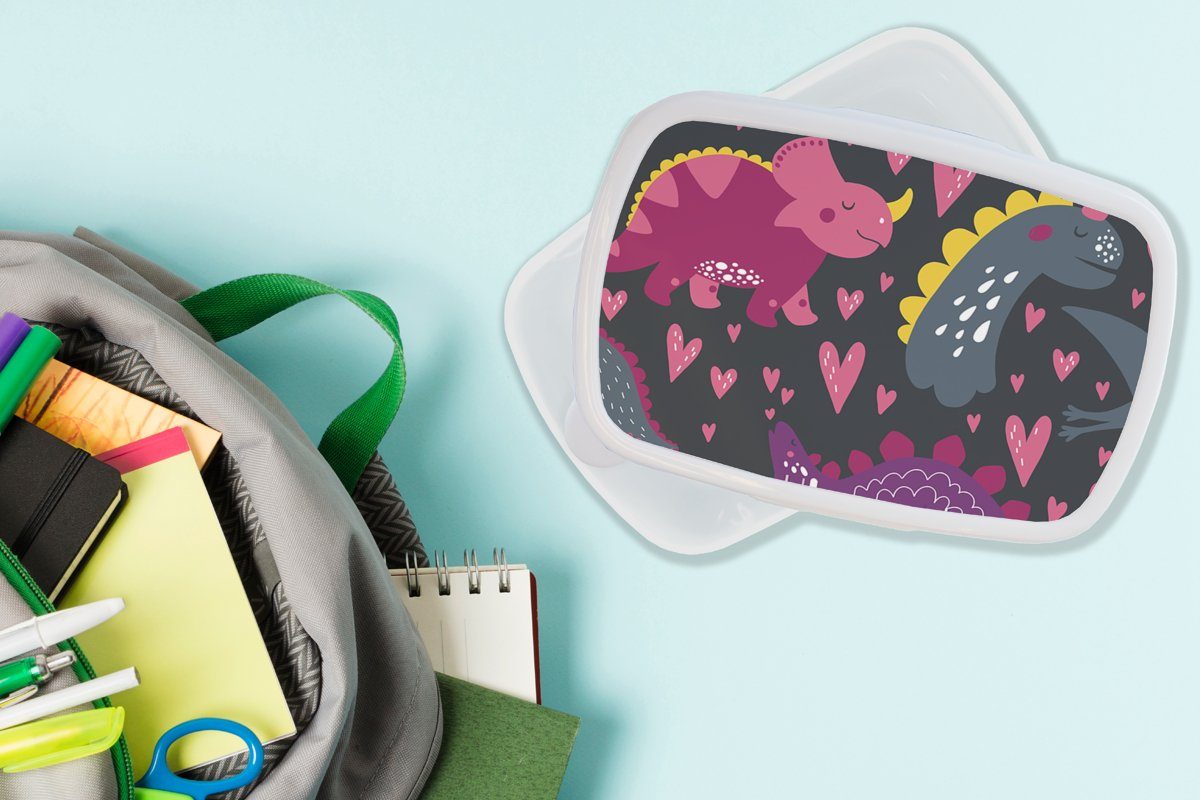 Lunchbox - Kind (2-tlg), für Brotdose, Jungs für Erwachsene, Brotbox und und Kinder - Mädchen MuchoWow weiß - - Rosa Muster Dinosaurier Kunststoff, Mädchen,