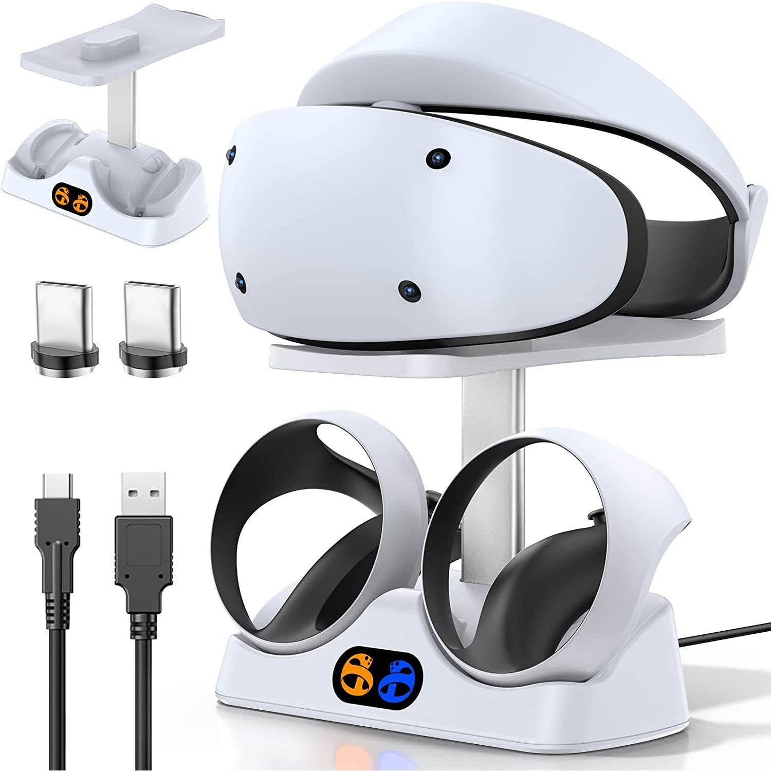 feinlux Ladestation für PS VR2 Controller Ladeschale (2000 mA, Set, PS VR2 Ladestation Ladestation, mit Headset Ständer, mit LED Licht, Typ C Kabel)