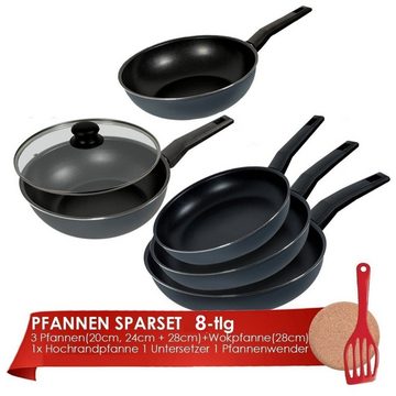 KESSMANN MICHELINO Pfannen-Set 3 Bratpfannen 20 24 28cm + Hochrandpfanne 24cm mit Deckel Wok 28cm, robuste geschmiedete Aluminiumlegierung mit Antihaftbeschichtung (Set, 8-tlg., Inkl 1 Pfannenwender + 1 Korkuntersetzer Antihaftbeschichtet rostfrei), Bratpfannenset Induktionsgeeignet Wokpfanne rund Pfannenset Pfanne